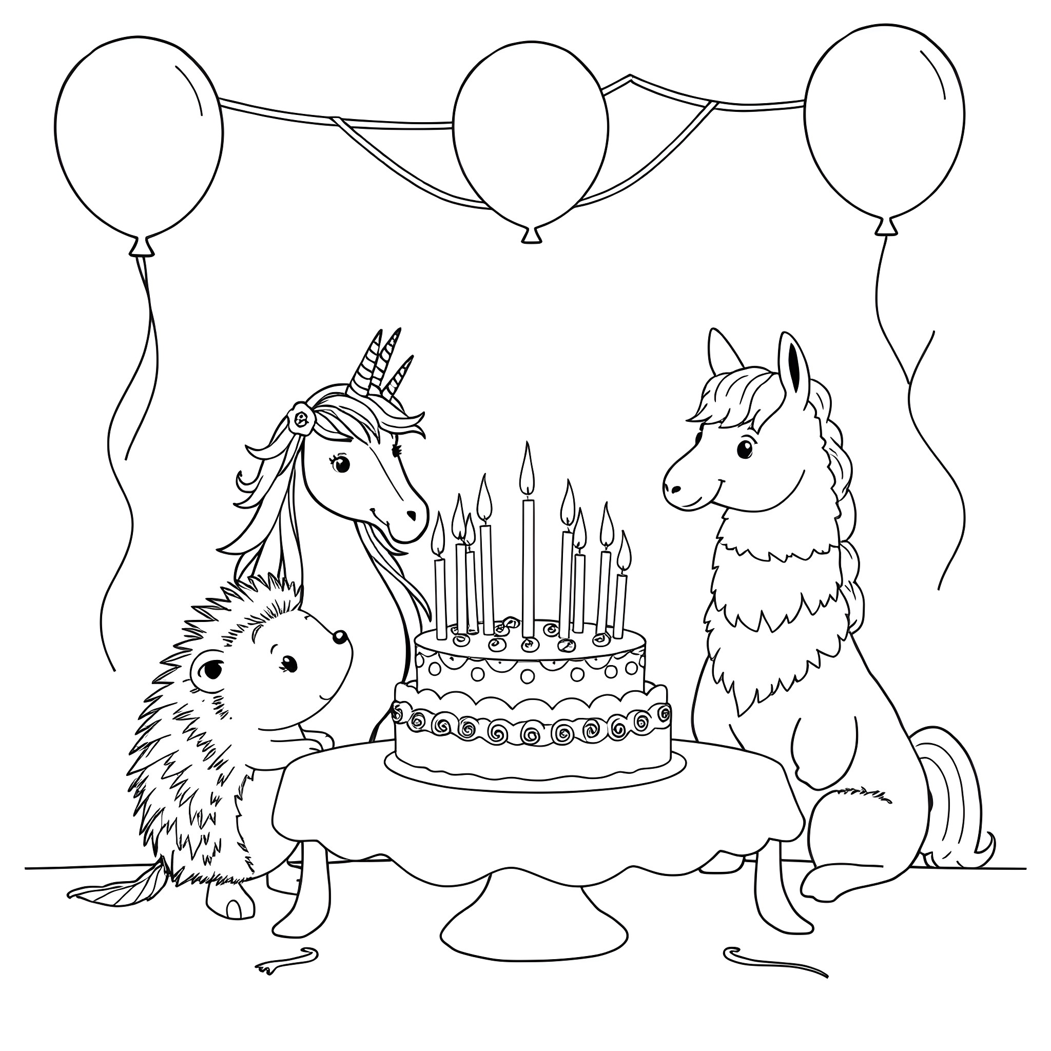Hedgehog, unicorn, and llama celebrate a birthday party Coloring Page (free black-and-white line drawing printable PDF for all, from beginners to advanced learners, including children, teens, adults, and seniors)