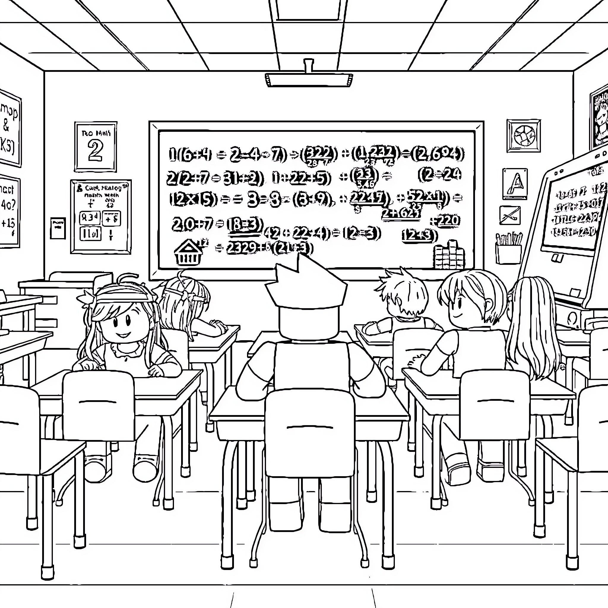 Roblox Character Students Learning Math in Classroom Coloring Page (free black-and-white line drawing printable PDF for all, from beginners to advanced learners, including children, teens, adults, and seniors)