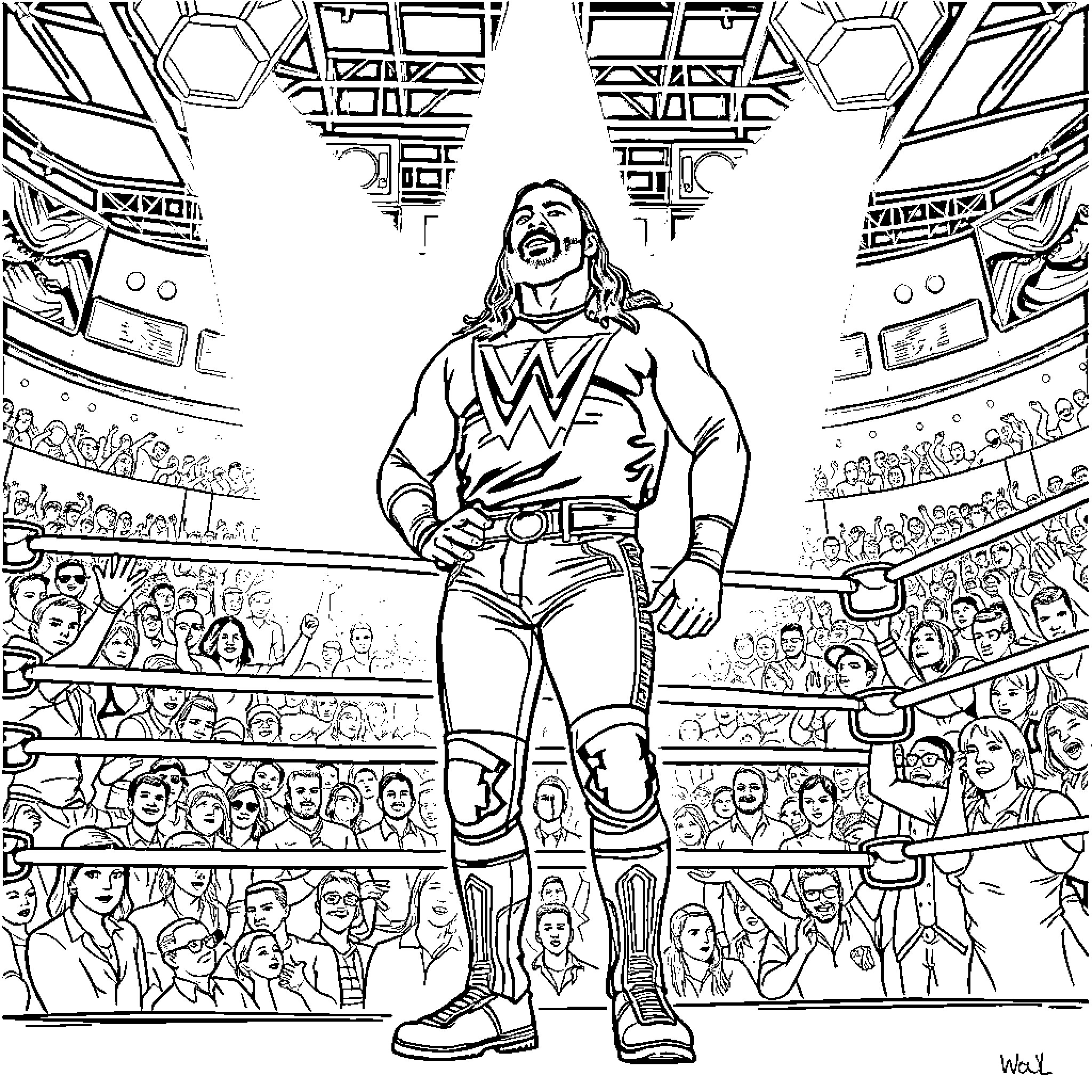 Jey Uso standing proud in the wrestling ring Coloring Page (free black-and-white line drawing printable PDF for all, from beginners to advanced learners, including children, teens, adults, and seniors)