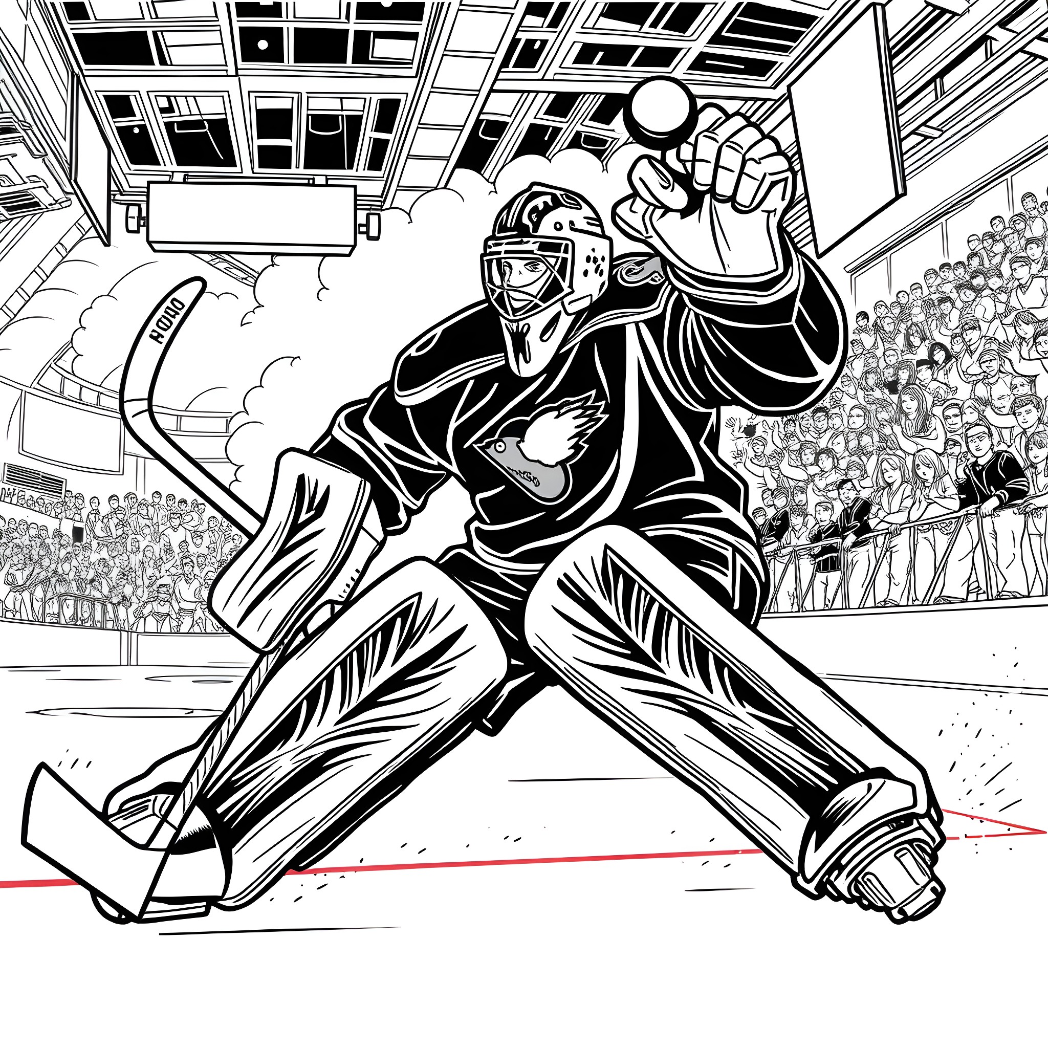 Hockey player blocking shot on the ice rink Coloring Page (free black-and-white line drawing printable PDF for all, from beginners to advanced learners, including children, teens, adults, and seniors)