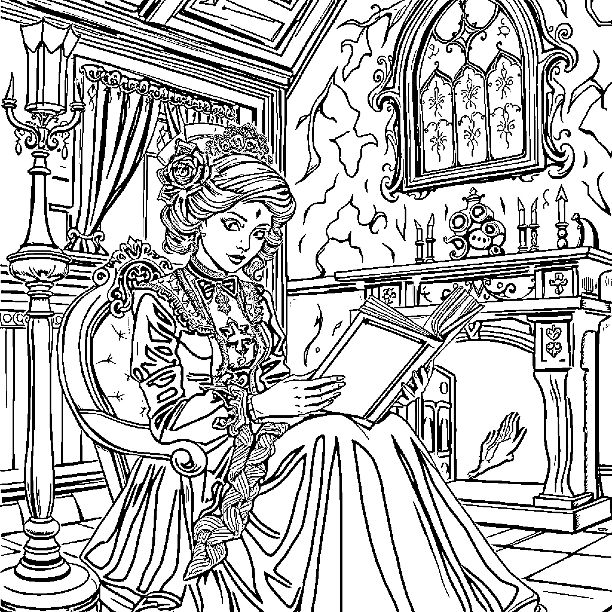Lady reading a book in an ornate room Coloring Page (free black-and-white line drawing printable PDF for all, from beginners to advanced learners, including children, teens, adults, and seniors)