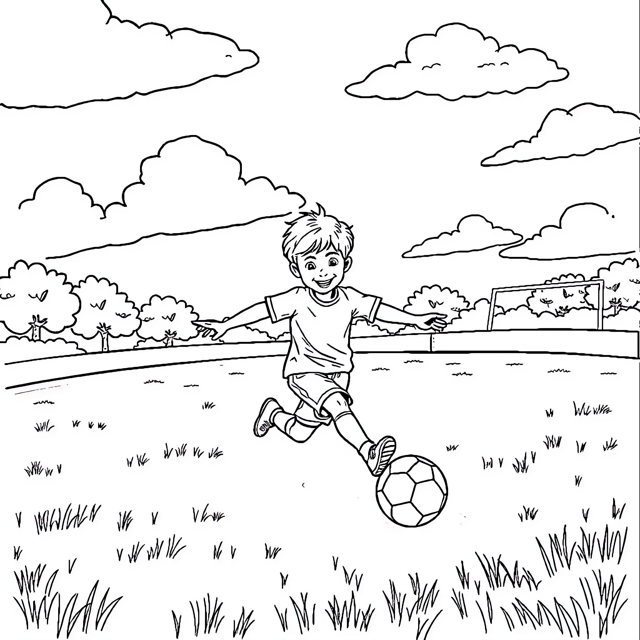 Boy playing joyfully with soccer ball in field Coloring Page (free black-and-white line drawing printable PDF for all, from beginners to advanced learners, including children, teens, adults, and seniors)