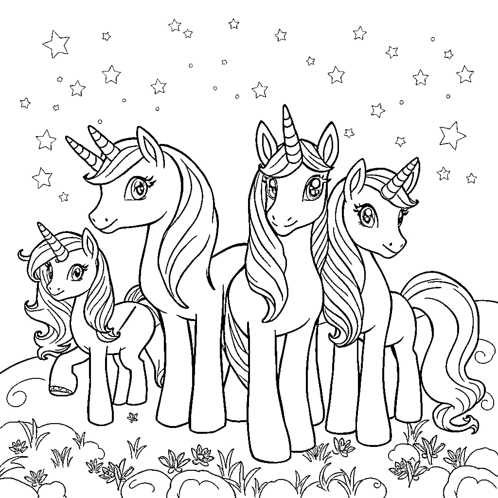 Unicorn family strolling through the starry night Coloring Page (free black-and-white line drawing printable PDF for all, from beginners to advanced learners, including children, teens, adults, and seniors)