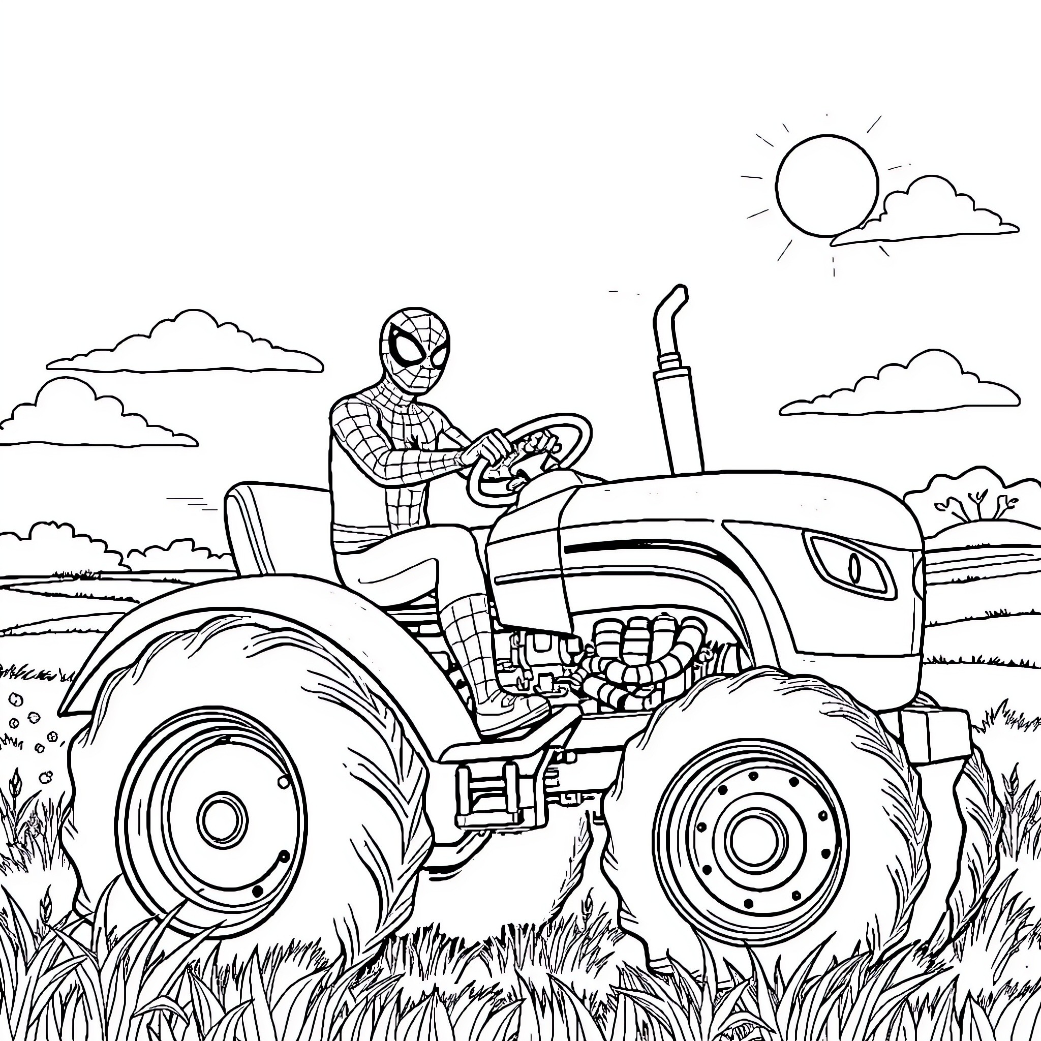 Spiderman operating a large tractor in a rural setting Coloring Page (free black-and-white line drawing printable PDF for all, from beginners to advanced learners, including children, teens, adults, and seniors)