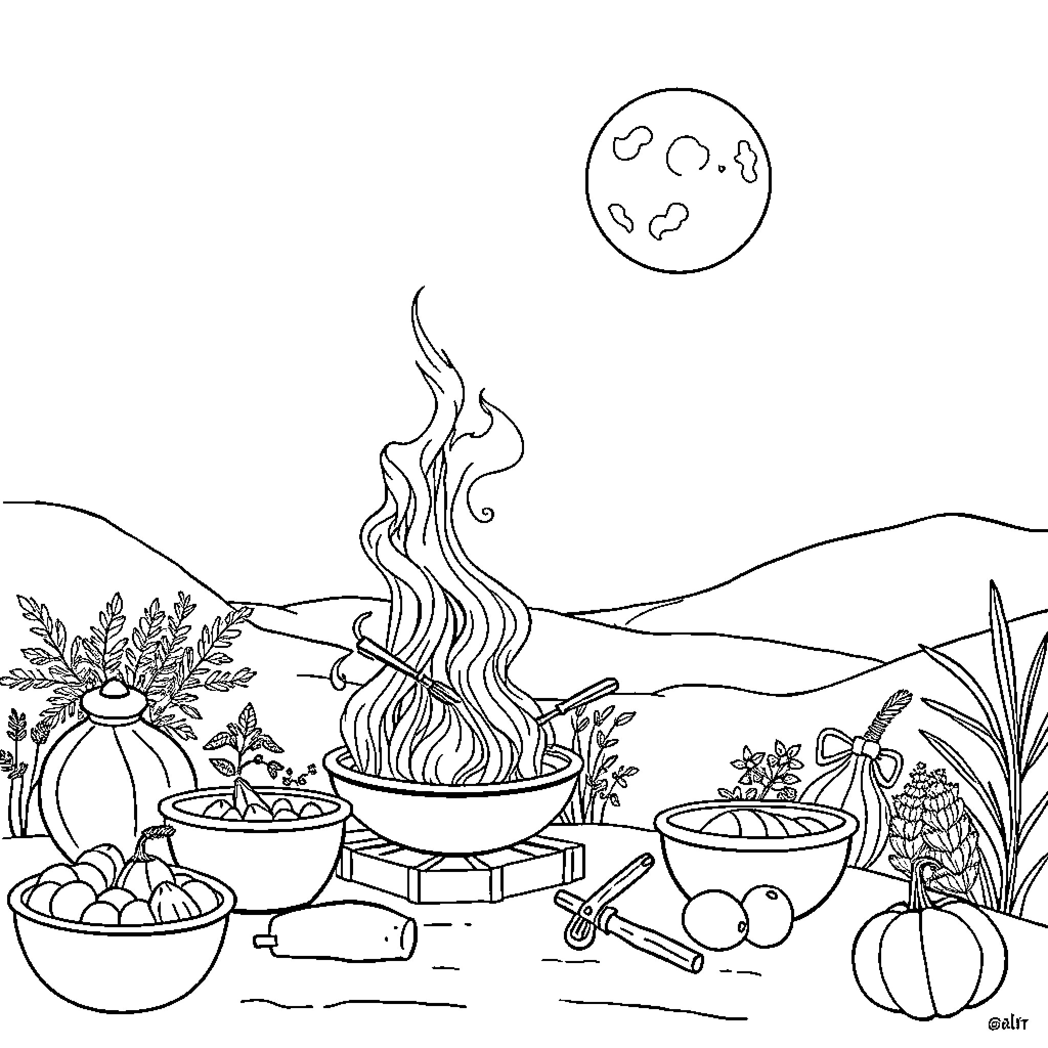 Moon Cooking Outdoors with Ingredients Coloring Page (free black-and-white line drawing printable PDF for all, from beginners to advanced learners, including children, teens, adults, and seniors)