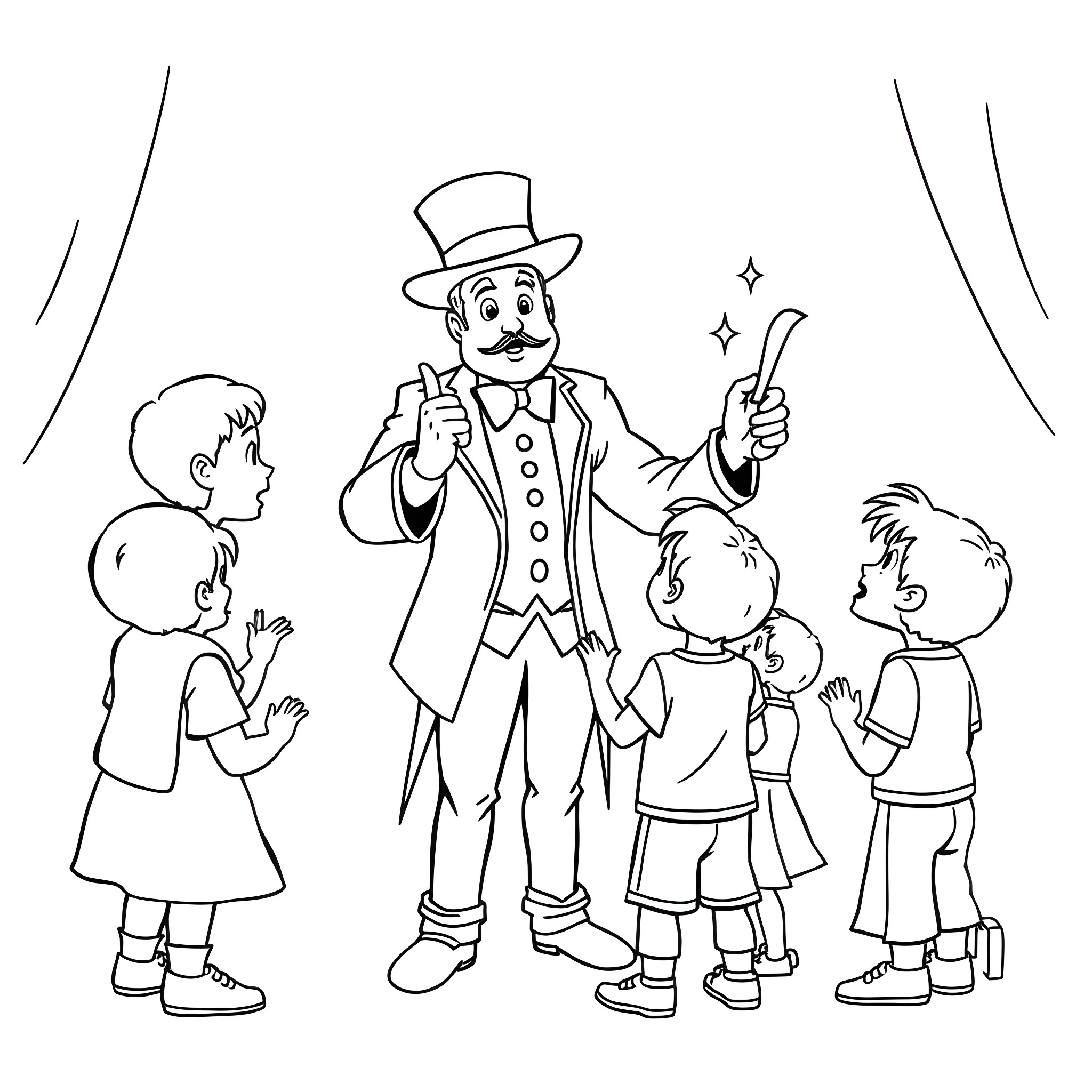 Magician performing magic tricks for children Coloring Page (free black-and-white line drawing printable PDF for all, from beginners to advanced learners, including children, teens, adults, and seniors)