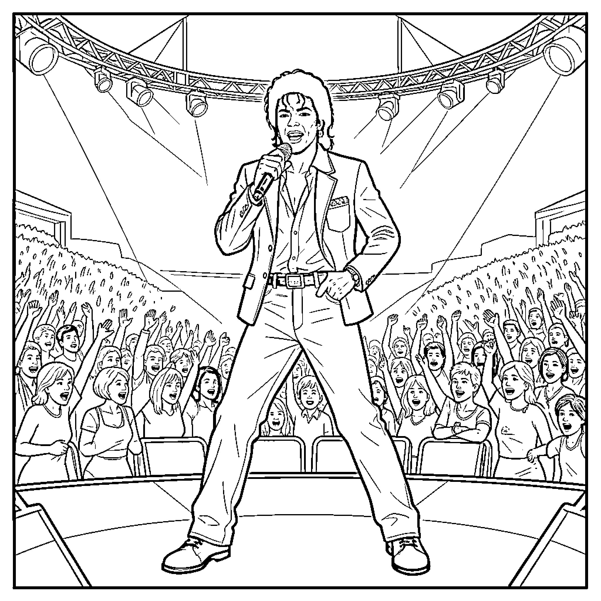 Michael Jackson performing on stage for a cheering crowd Coloring Page (free black-and-white line drawing printable PDF for all, from beginners to advanced learners, including children, teens, adults, and seniors)