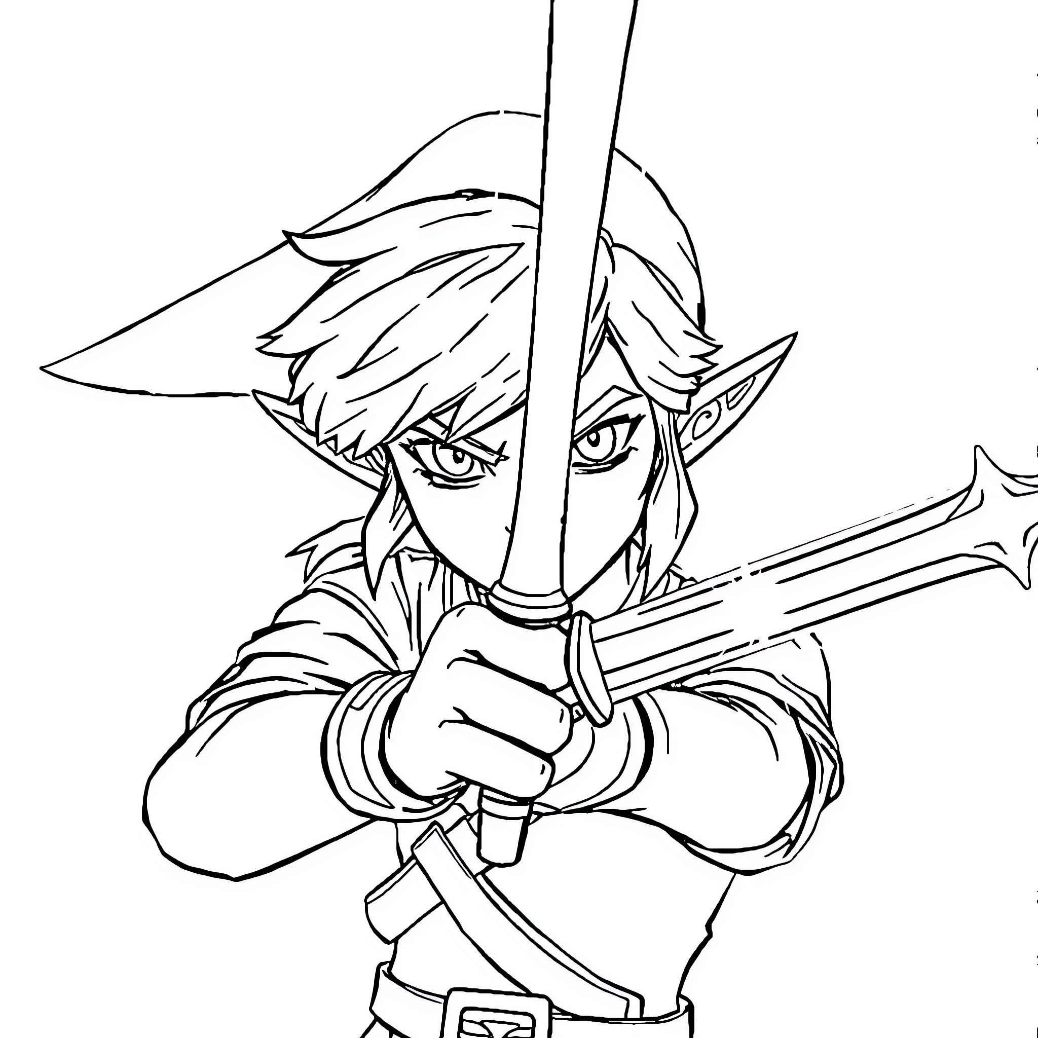Zelda Protagonist Wielding Sword and Shield Coloring Page (free black-and-white line drawing printable PDF for all, from beginners to advanced learners, including children, teens, adults, and seniors)