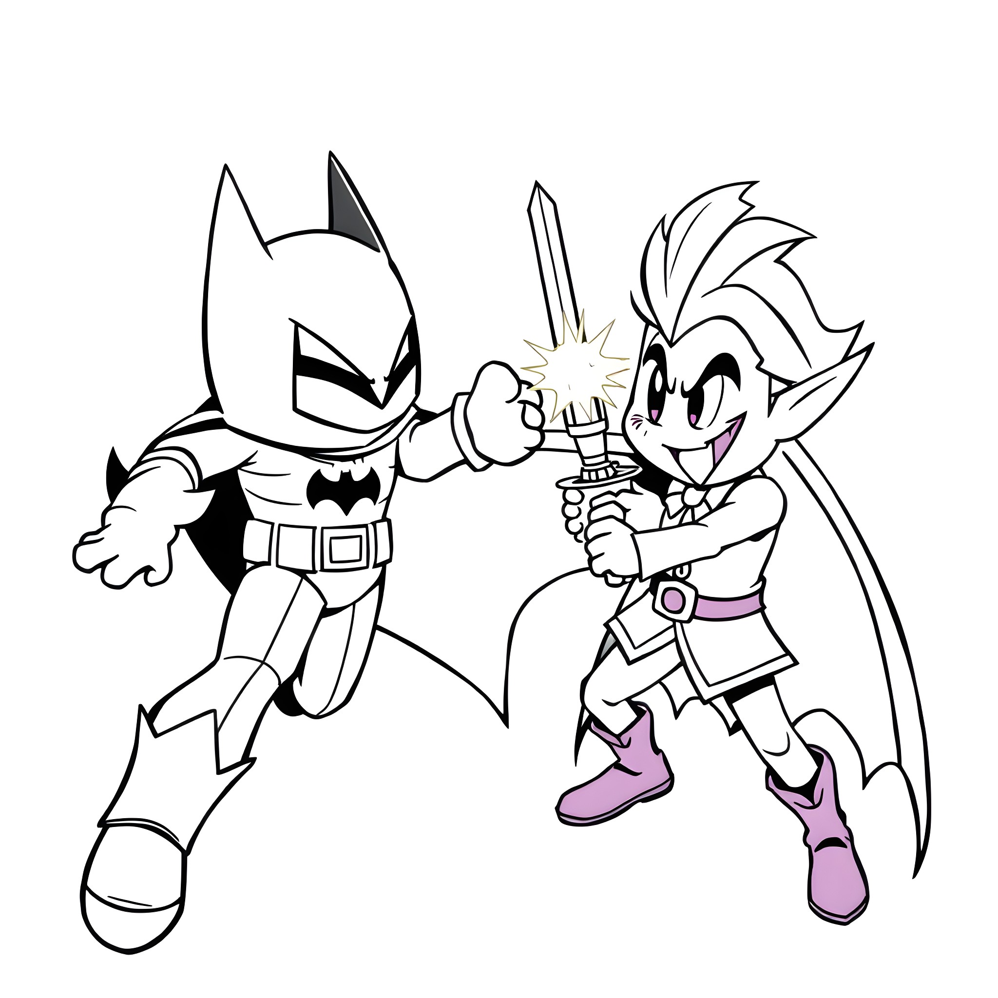 Kirby fighting Batman in a playful battle Coloring Page (free black-and-white line drawing printable PDF for all, from beginners to advanced learners, including children, teens, adults, and seniors)