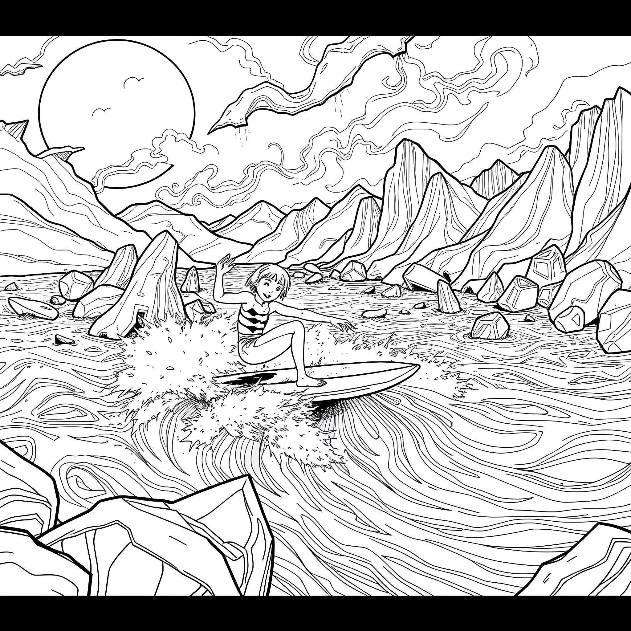 Youtuber surfs huge crashing waves in majestic mountain landscape Coloring Page (free black-and-white line drawing printable PDF for all, from beginners to advanced learners, including children, teens, adults, and seniors)