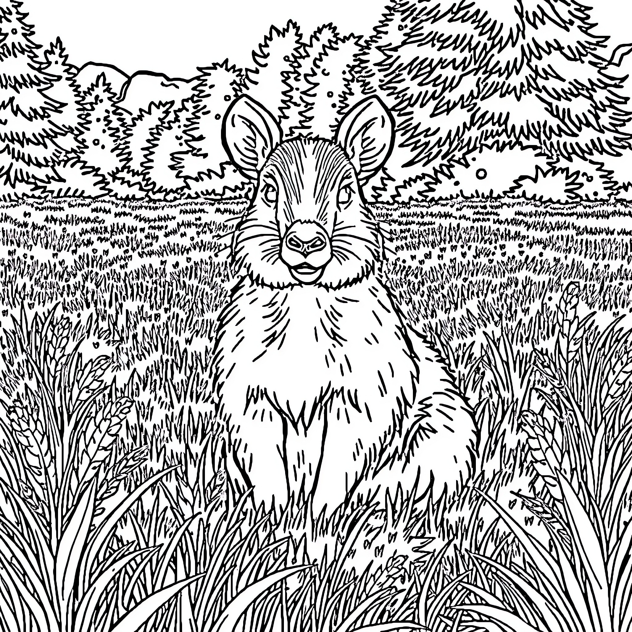 Pig in a Lush Forest Landscape Coloring Page (free black-and-white line drawing printable PDF for all, from beginners to advanced learners, including children, teens, adults, and seniors)