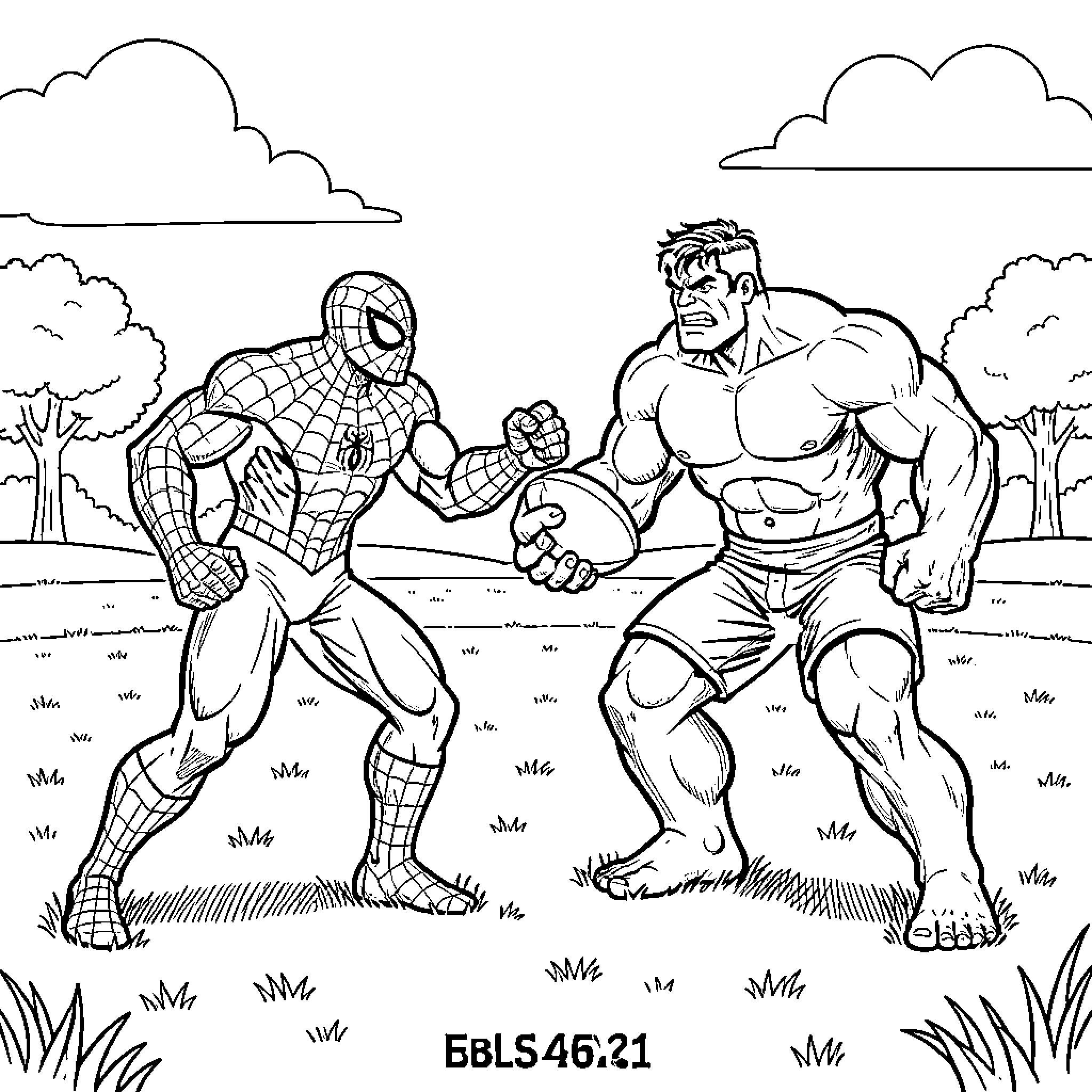 Spiderman facing off against a muscular opponent Coloring Page (free black-and-white line drawing printable PDF for all, from beginners to advanced learners, including children, teens, adults, and seniors)