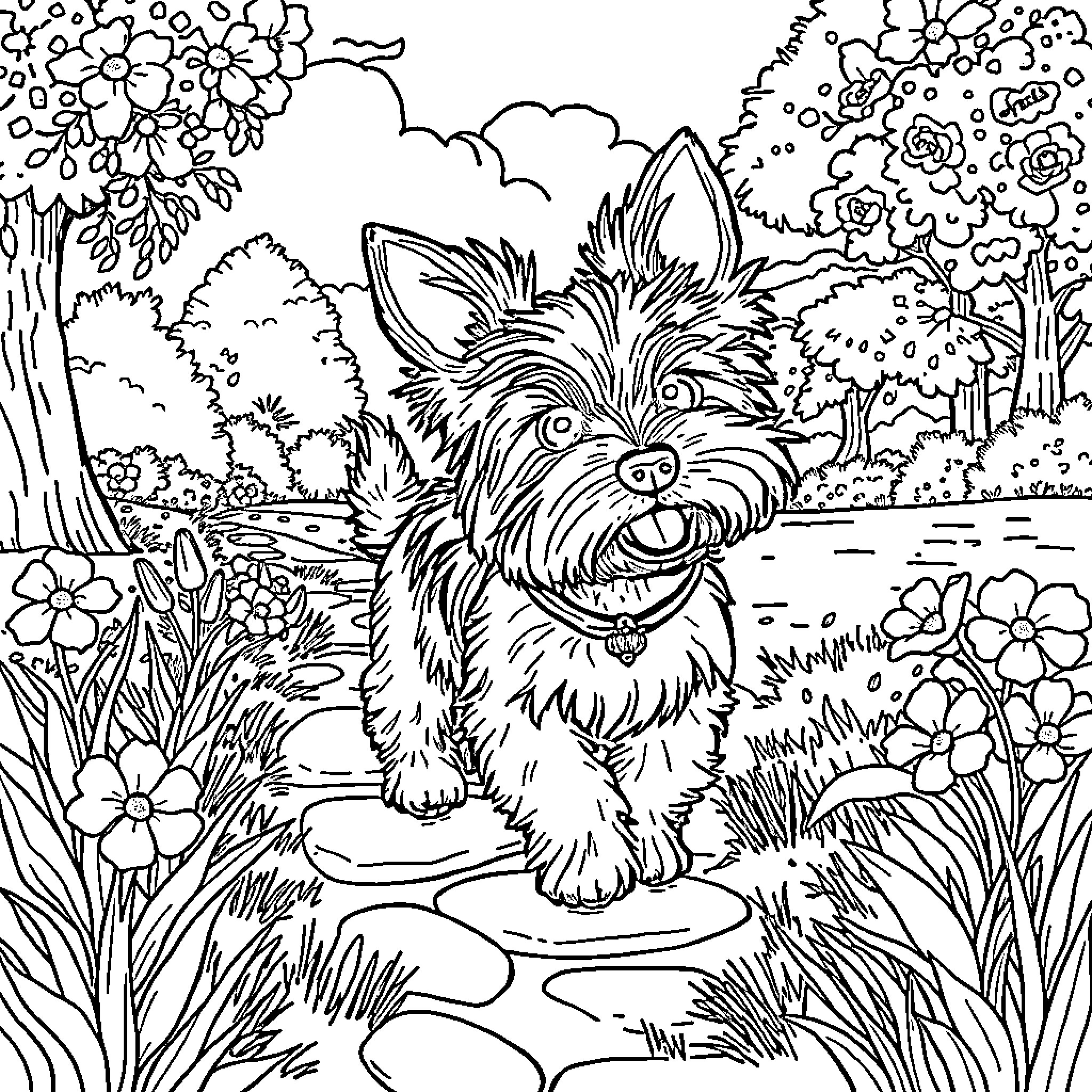 Yorkie exploring a floral garden Coloring Page (free black-and-white line drawing printable PDF for all, from beginners to advanced learners, including children, teens, adults, and seniors)
