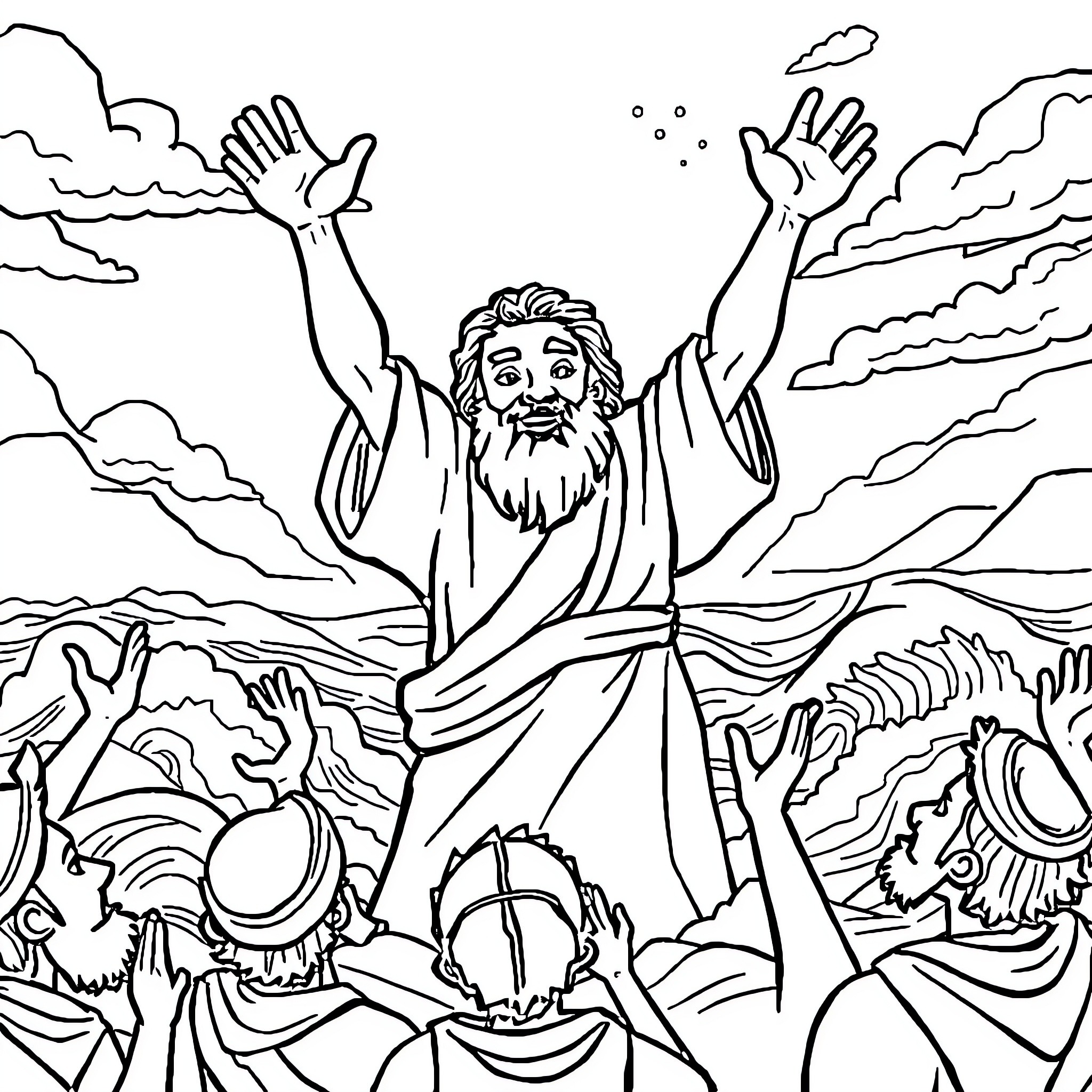 Moses parting the sea with outstretched hands Coloring Page (free black-and-white line drawing printable PDF for all, from beginners to advanced learners, including children, teens, adults, and seniors)