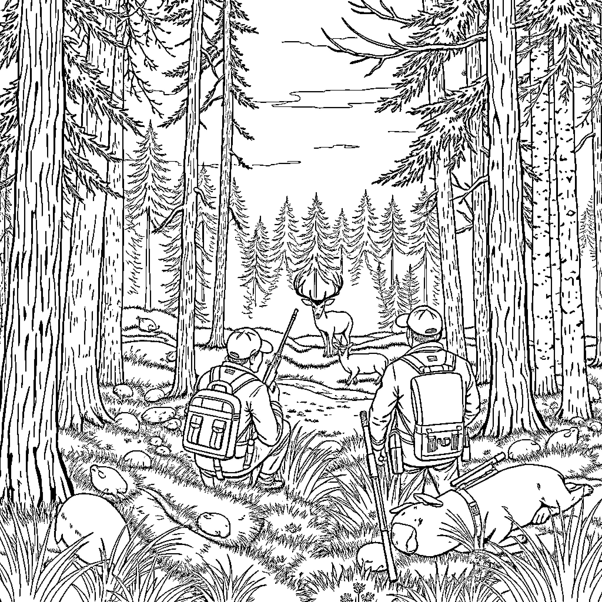 Deer in the Serene Forest Wilderness Coloring Page (free black-and-white line drawing printable PDF for all, from beginners to advanced learners, including children, teens, adults, and seniors)