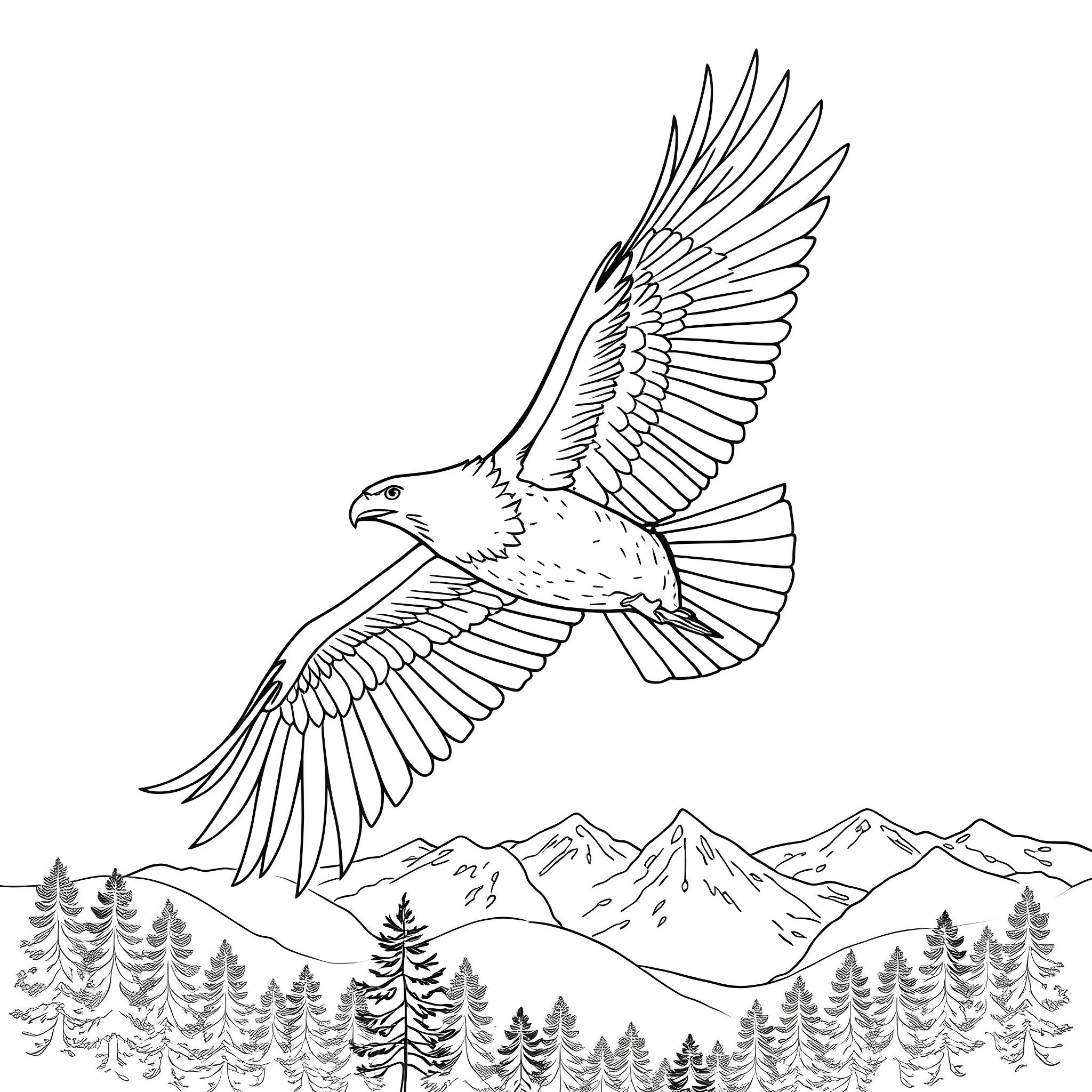 Eagle soaring over majestic mountain landscape Coloring Page (free black-and-white line drawing printable PDF for all, from beginners to advanced learners, including children, teens, adults, and seniors)