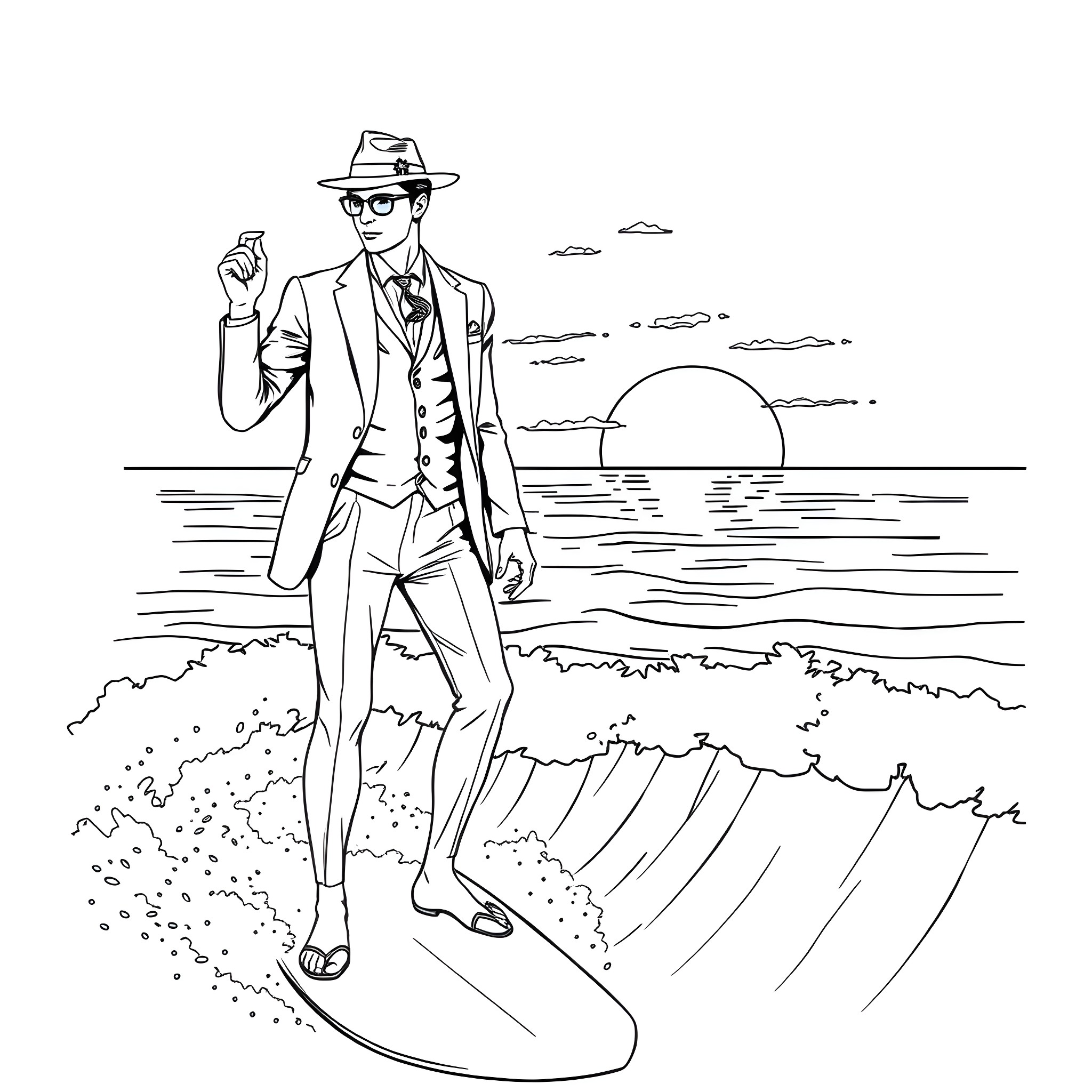 Tommy Shelby surfing on the beach at sunset Coloring Page (free black-and-white line drawing printable PDF for all, from beginners to advanced learners, including children, teens, adults, and seniors)