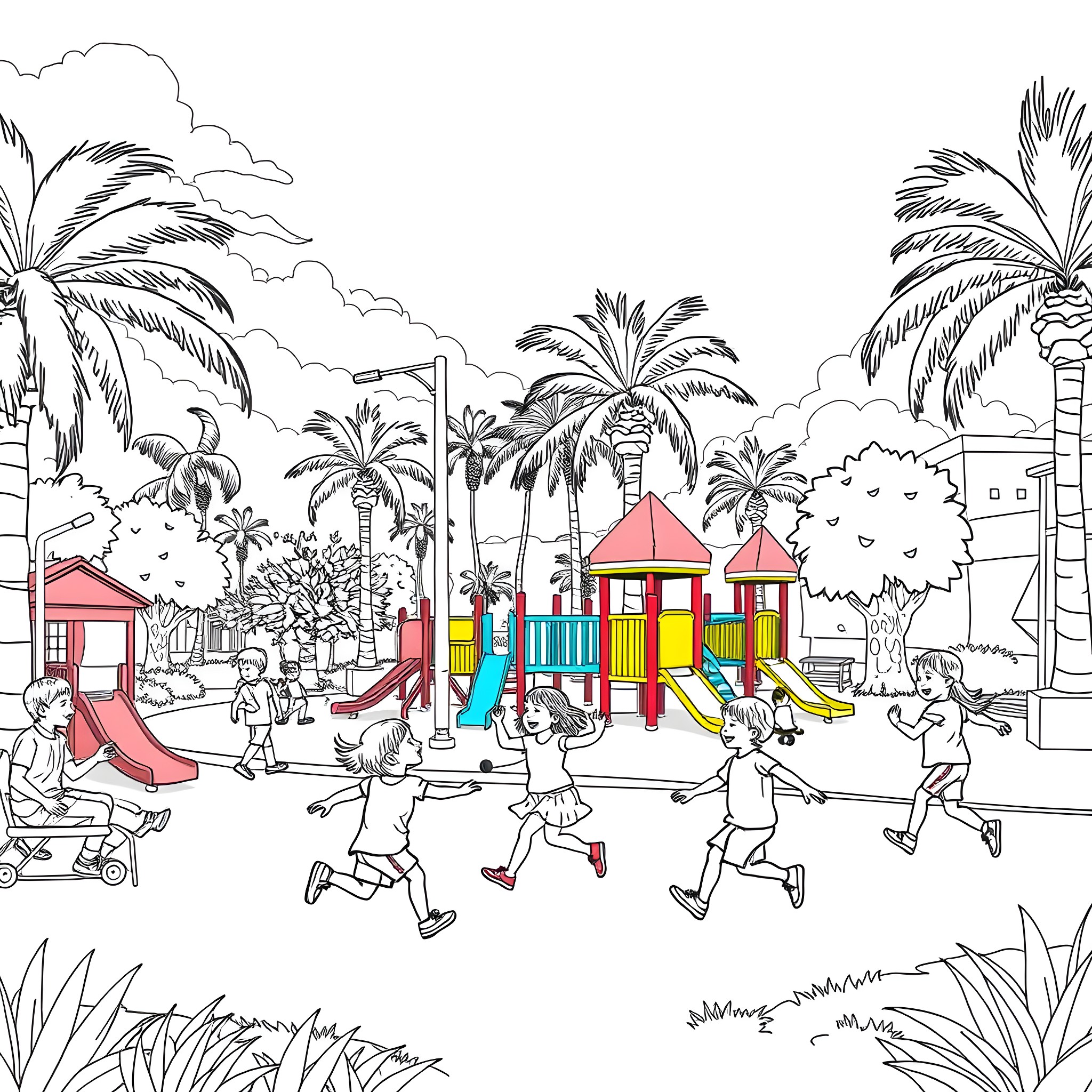 Kid playing at a colorful playground under palm trees Coloring Page (free black-and-white line drawing printable PDF for all, from beginners to advanced learners, including children, teens, adults, and seniors)