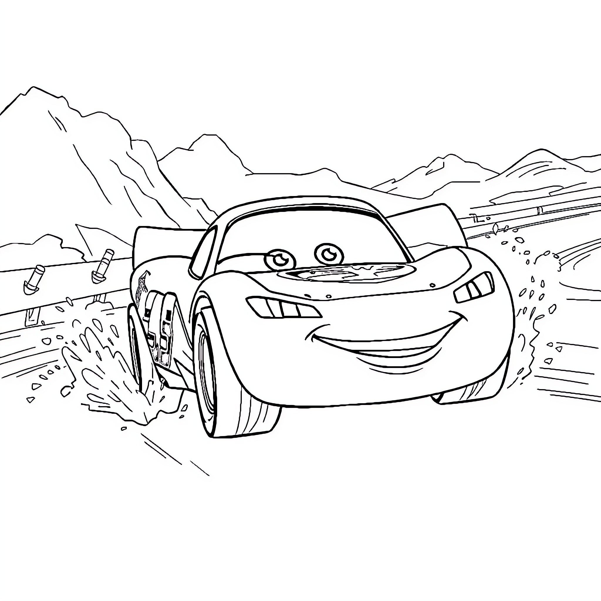 Flash McQueen racing through the mountains Coloring Page (free black-and-white line drawing printable PDF for all, from beginners to advanced learners, including children, teens, adults, and seniors)