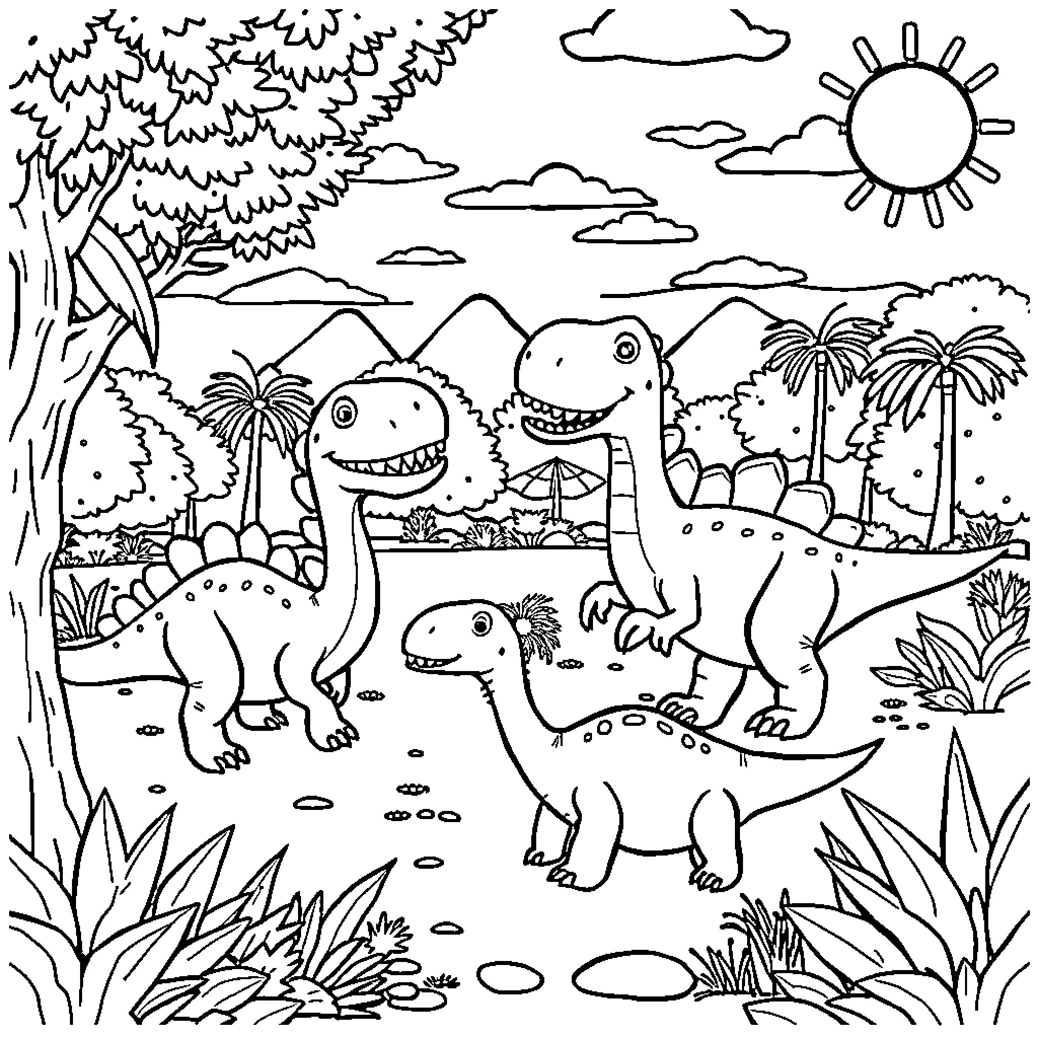 Dino dinosaurs exploring lush prehistoric landscape Coloring Page (free black-and-white line drawing printable PDF for all, from beginners to advanced learners, including children, teens, adults, and seniors)