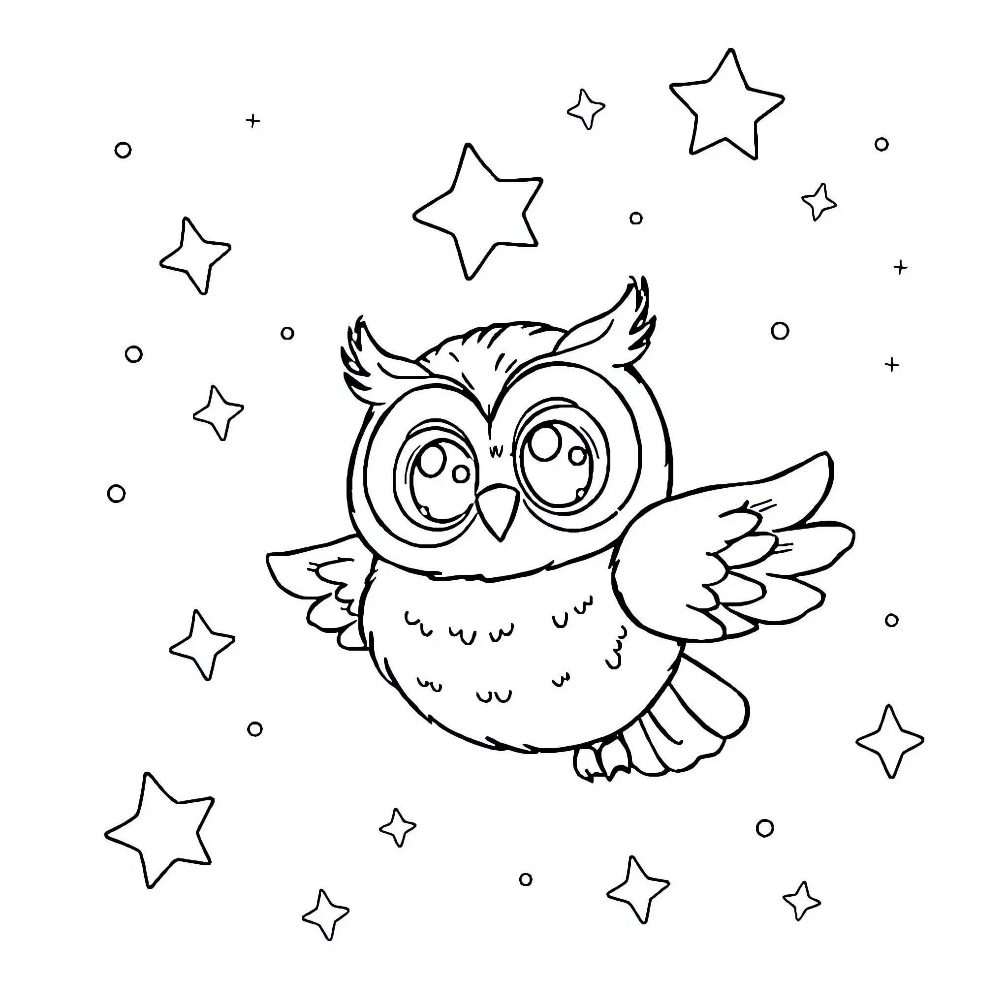 Owl soaring among the stars Coloring Page (free black-and-white line drawing printable PDF for all, from beginners to advanced learners, including children, teens, adults, and seniors)