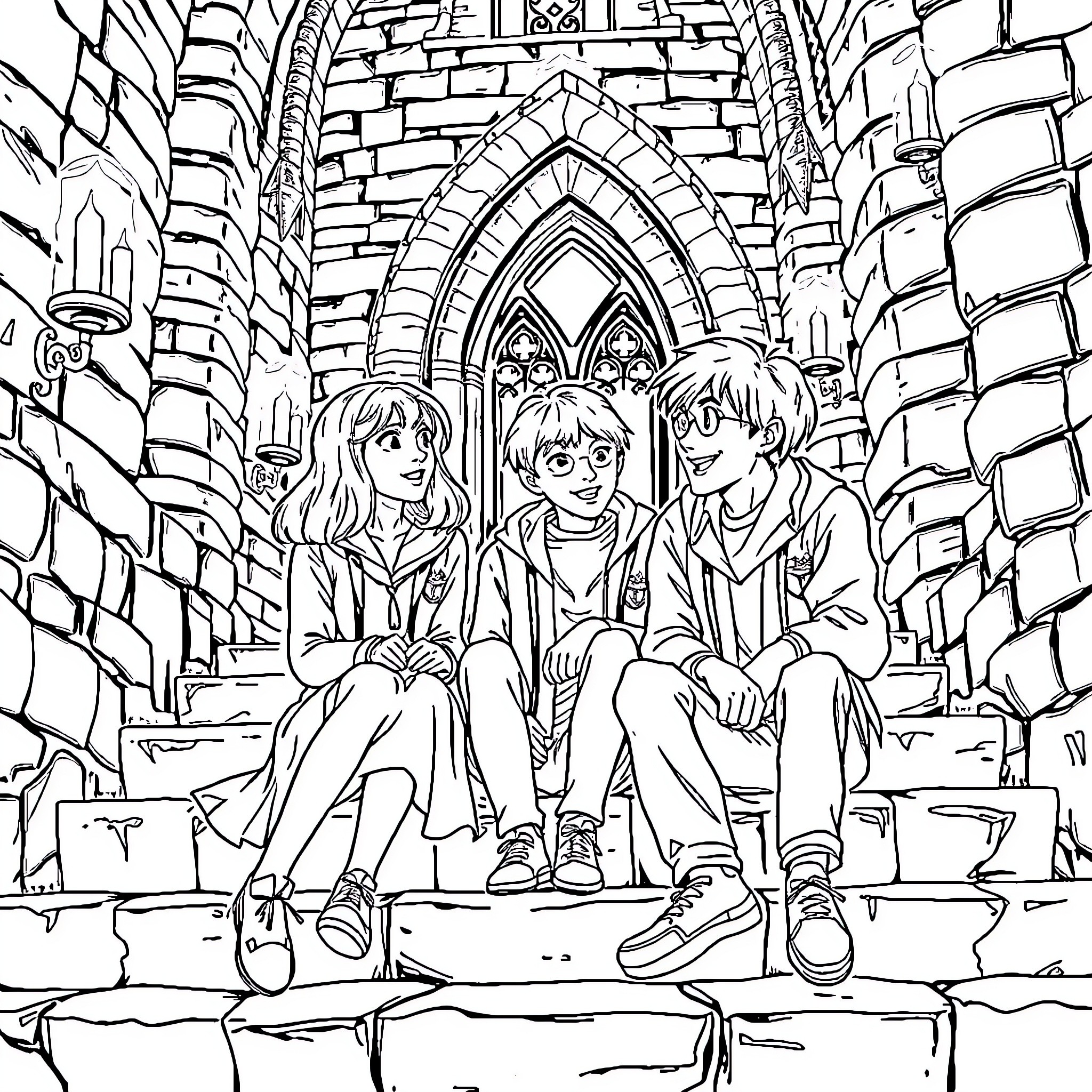 Hermione and her friends exploring the magical castle Coloring Page (free black-and-white line drawing printable PDF for all, from beginners to advanced learners, including children, teens, adults, and seniors)