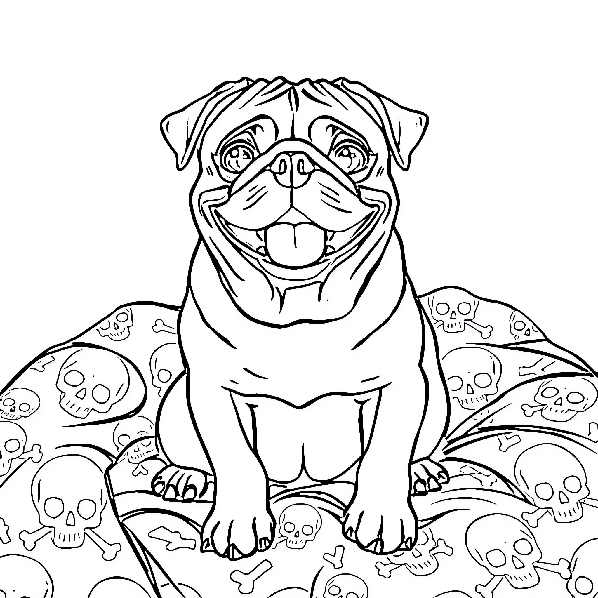 Dog Surrounded by Playful Skulls Coloring Page (free black-and-white line drawing printable PDF for all, from beginners to advanced learners, including children, teens, adults, and seniors)
