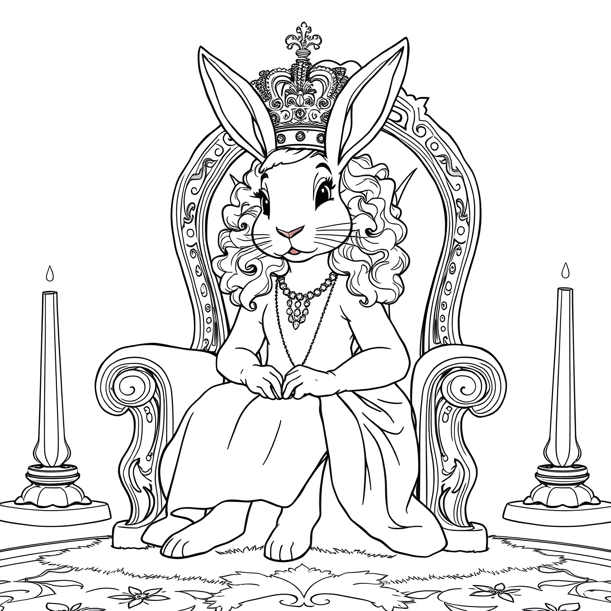 Rabbit Royalty: Crowned Hare on Ornate Throne Coloring Page (free black-and-white line drawing printable PDF for all, from beginners to advanced learners, including children, teens, adults, and seniors)