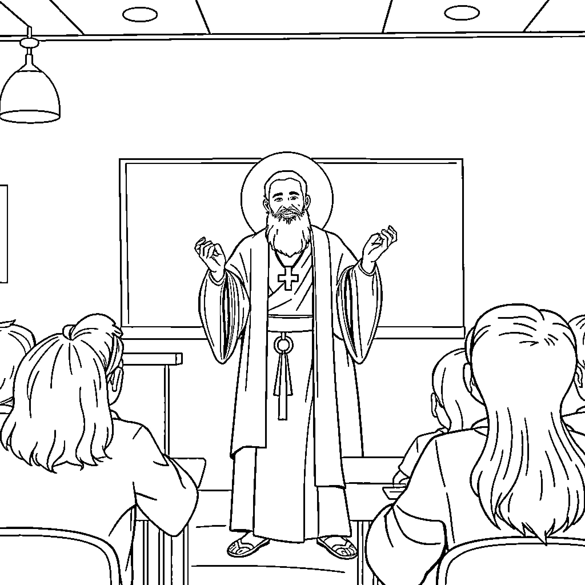 Holy Man Preaching to Congregation with Reverence Coloring Page (free black-and-white line drawing printable PDF for all, from beginners to advanced learners, including children, teens, adults, and seniors)