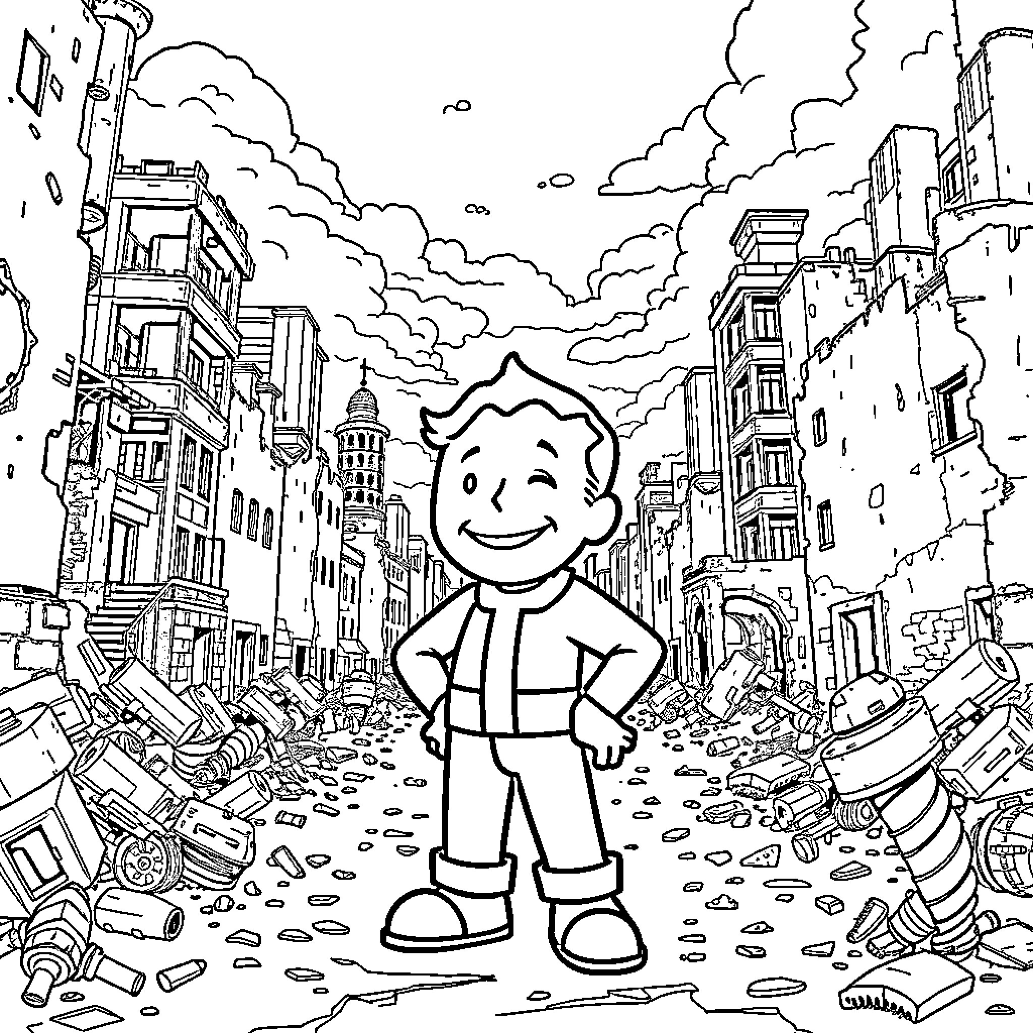 Vault Boy exploring the post-apocalyptic city Coloring Page (free black-and-white line drawing printable PDF for all, from beginners to advanced learners, including children, teens, adults, and seniors)