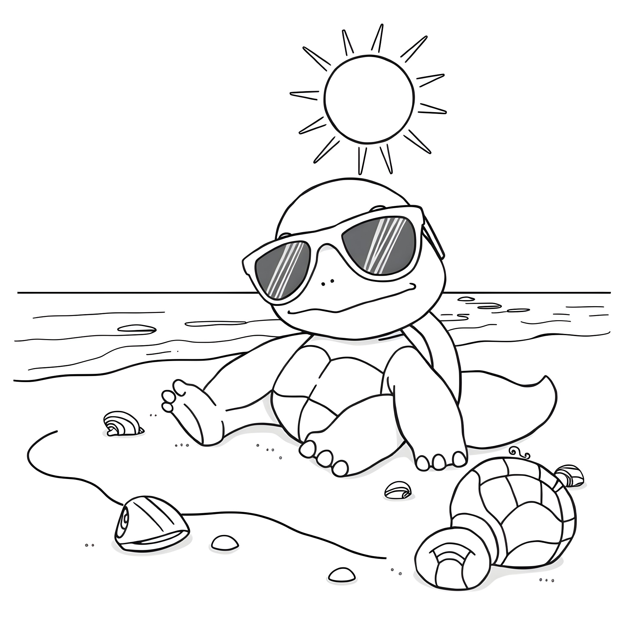 Squirtle relaxing on the beach under the sun Coloring Page (free black-and-white line drawing printable PDF for all, from beginners to advanced learners, including children, teens, adults, and seniors)