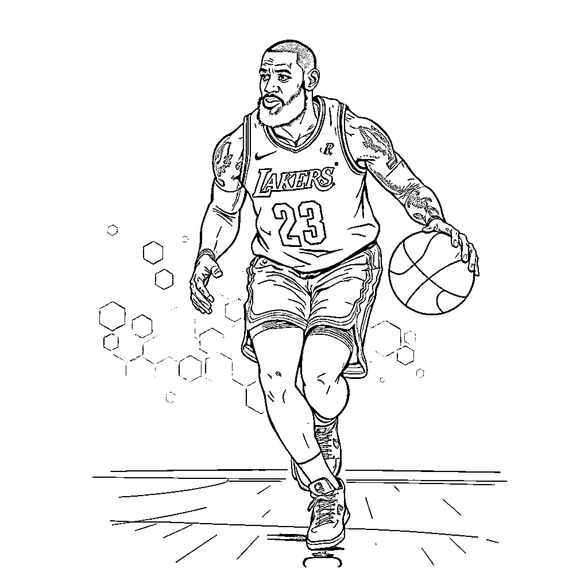 LeBron's Energetic Basketball Moves on the Court Coloring Page (free black-and-white line drawing printable PDF for all, from beginners to advanced learners, including children, teens, adults, and seniors)