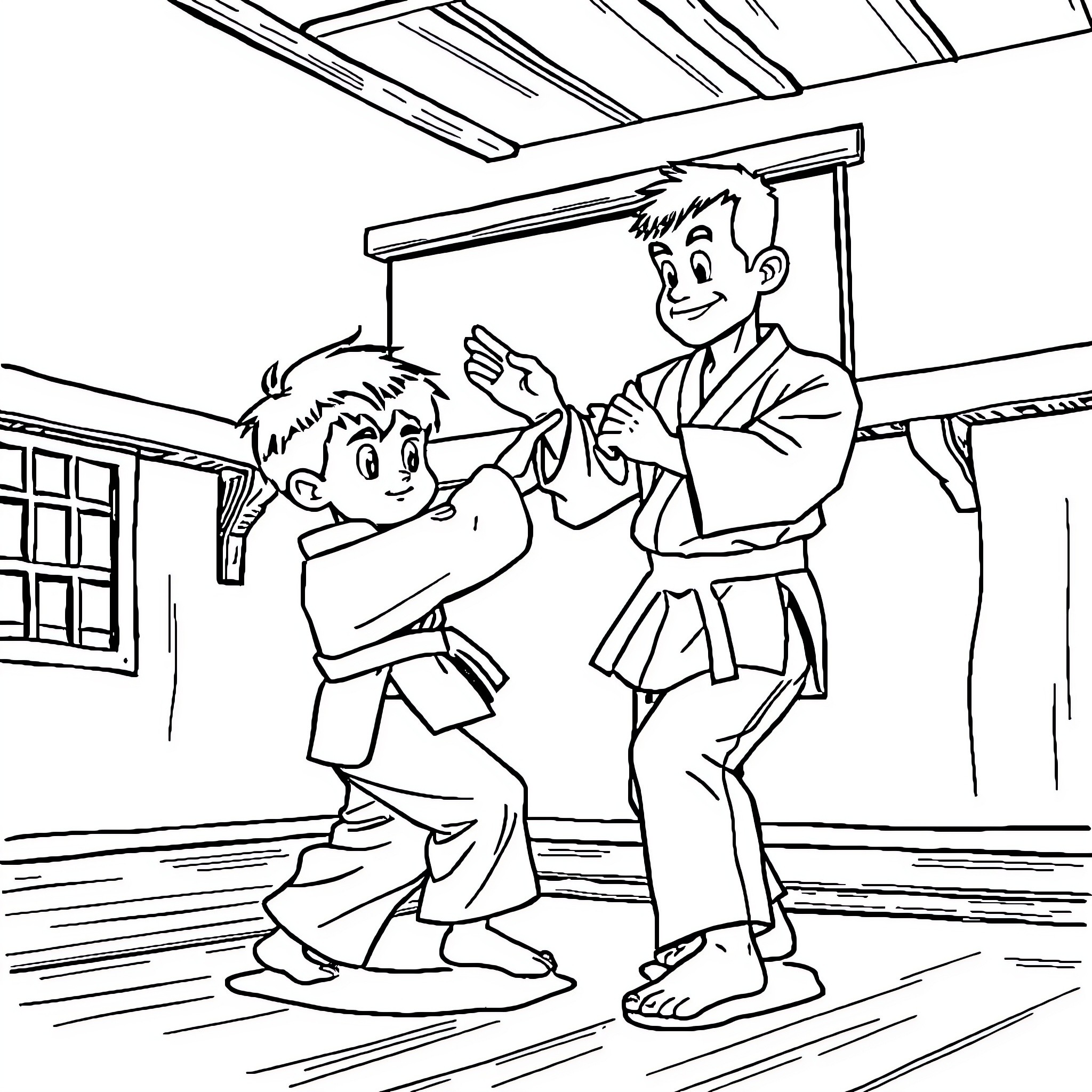 Karate Kid Sparring in Dojo Coloring Page (free black-and-white line drawing printable PDF for all, from beginners to advanced learners, including children, teens, adults, and seniors)