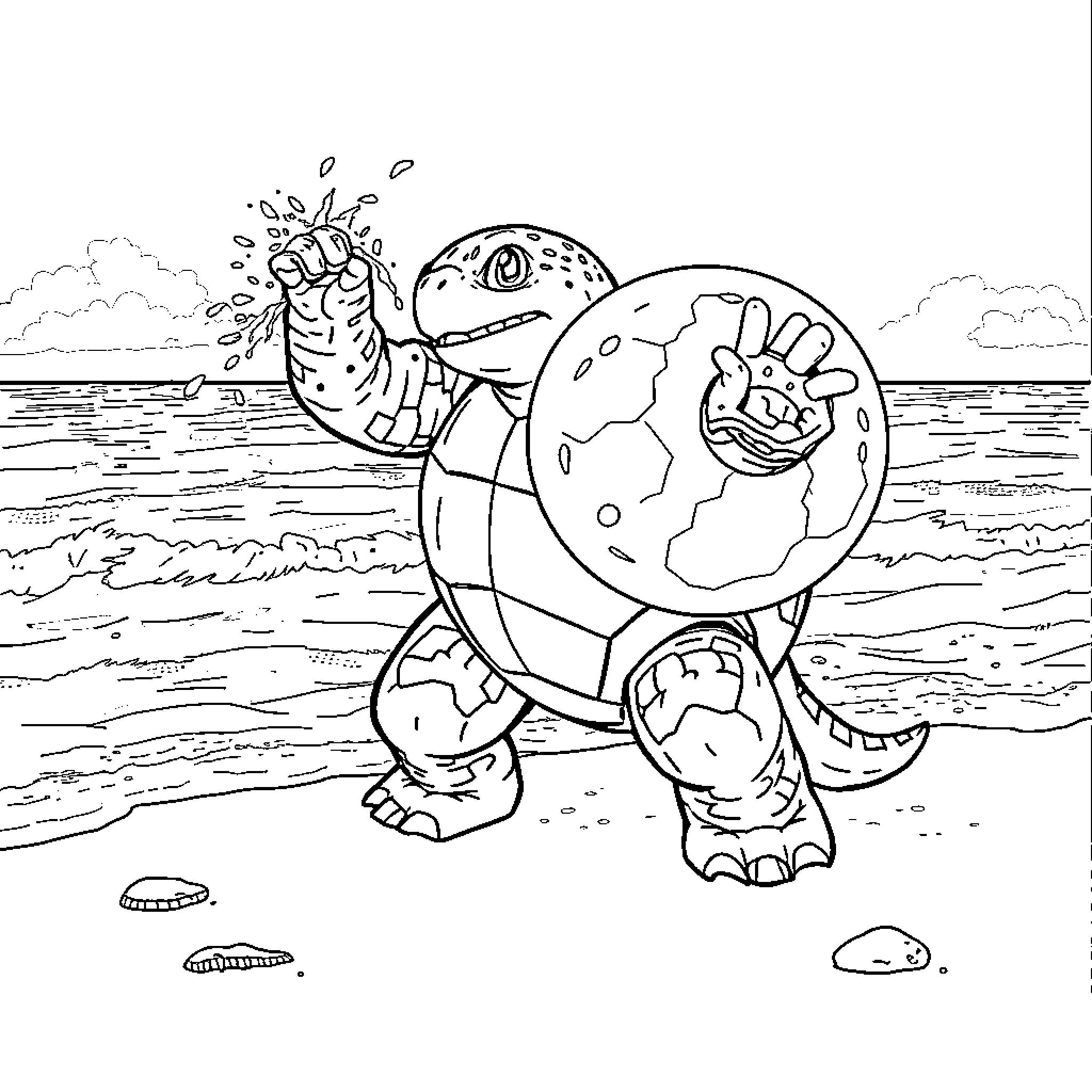 Blastoise attacking the planet with water cannons Coloring Page (free black-and-white line drawing printable PDF for all, from beginners to advanced learners, including children, teens, adults, and seniors)