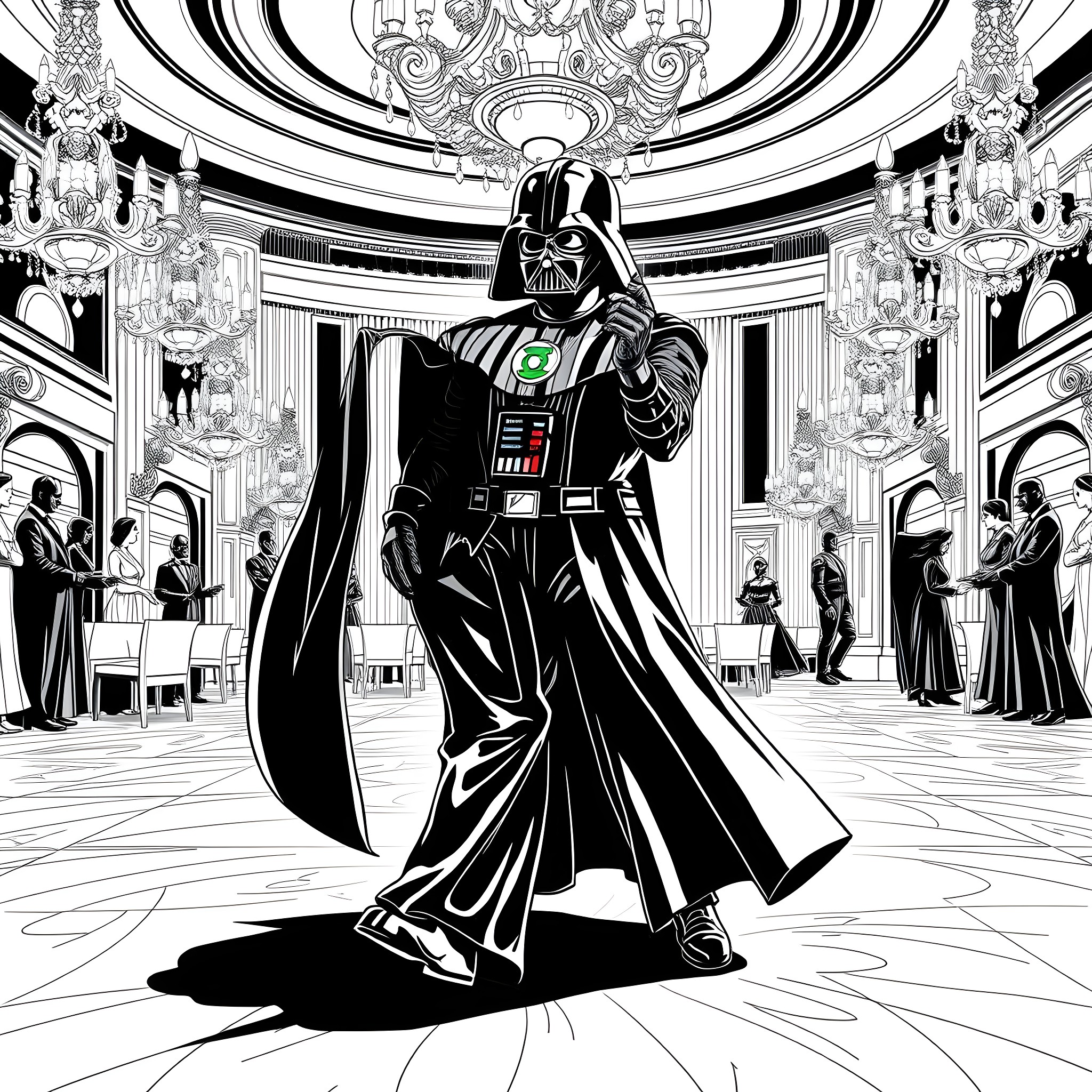 Green Lantern Darth Vader's Majestic Presence in a Lavish Galactic Setting Coloring Page (free black-and-white line drawing printable PDF for all, from beginners to advanced learners, including children, teens, adults, and seniors)