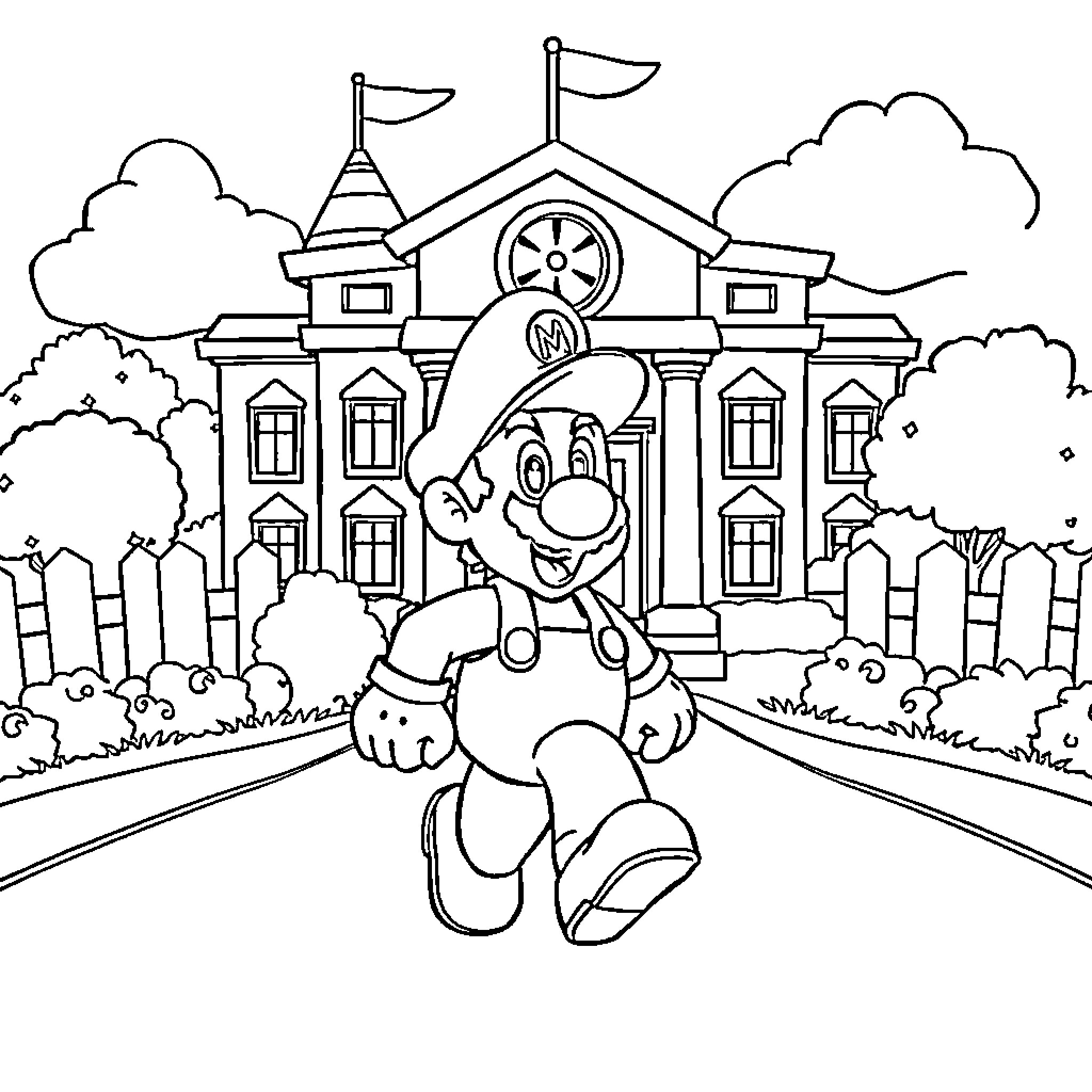 Mario's Cheerful Adventure at the Castle Coloring Page (free black-and-white line drawing printable PDF for all, from beginners to advanced learners, including children, teens, adults, and seniors)