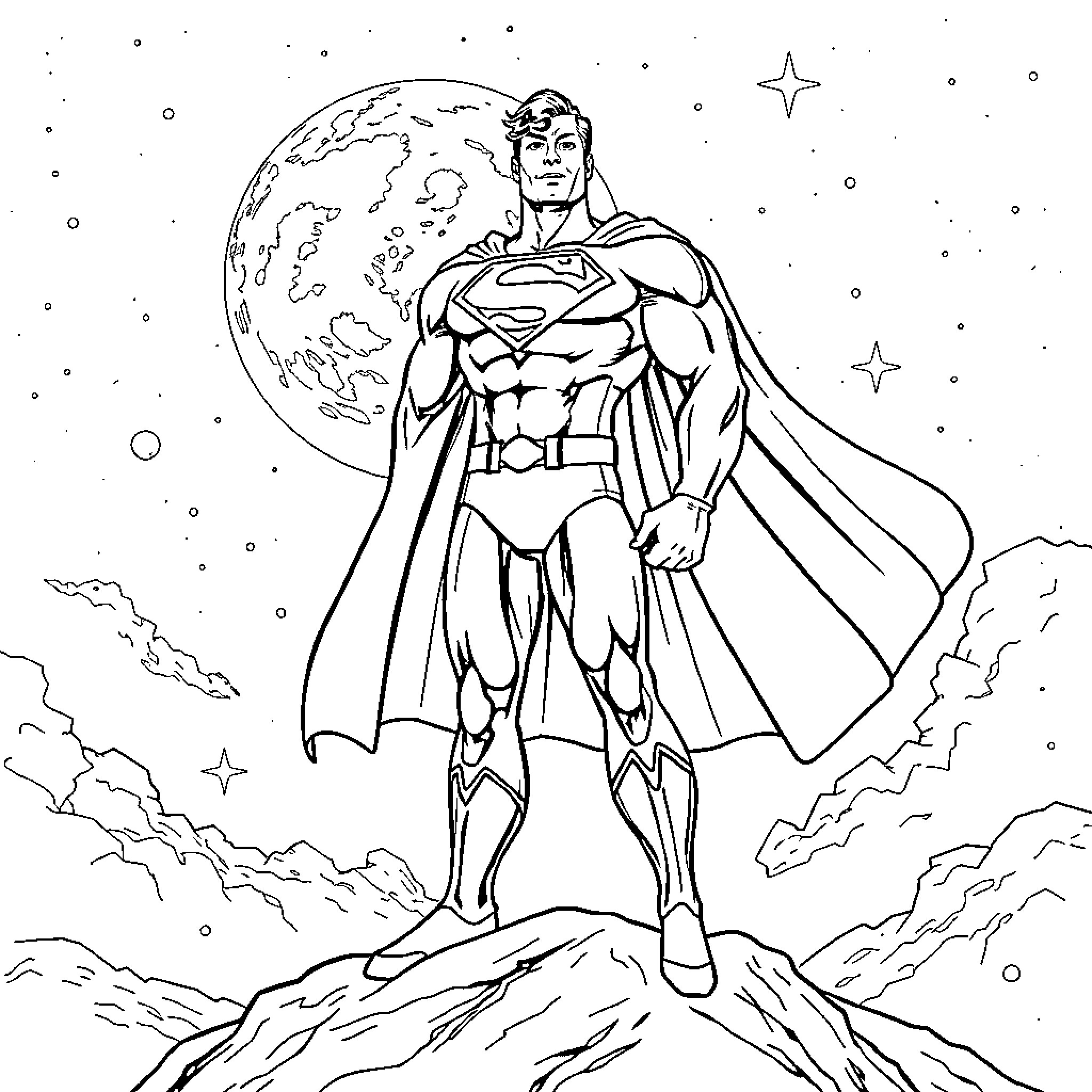 Superman soaring through the night sky Coloring Page (free black-and-white line drawing printable PDF for all, from beginners to advanced learners, including children, teens, adults, and seniors)