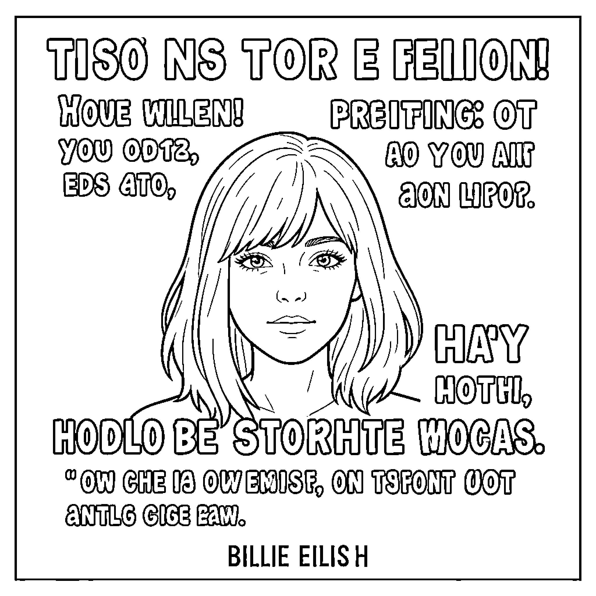 Billie Eilish portrait with stylized text background Coloring Page (free black-and-white line drawing printable PDF for all, from beginners to advanced learners, including children, teens, adults, and seniors)