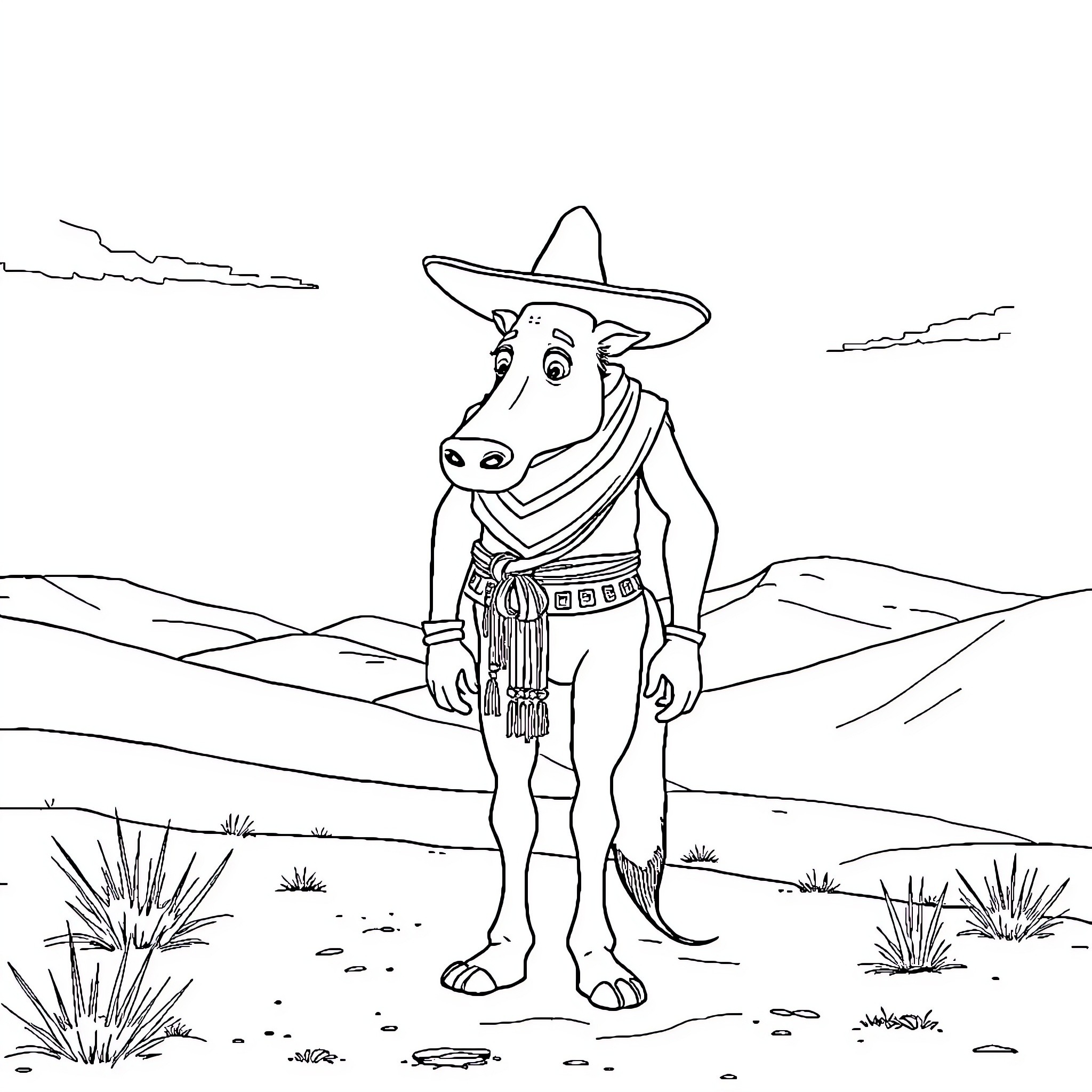 Tuco the Cowboy in the Desert Landscape Coloring Page (free black-and-white line drawing printable PDF for all, from beginners to advanced learners, including children, teens, adults, and seniors)
