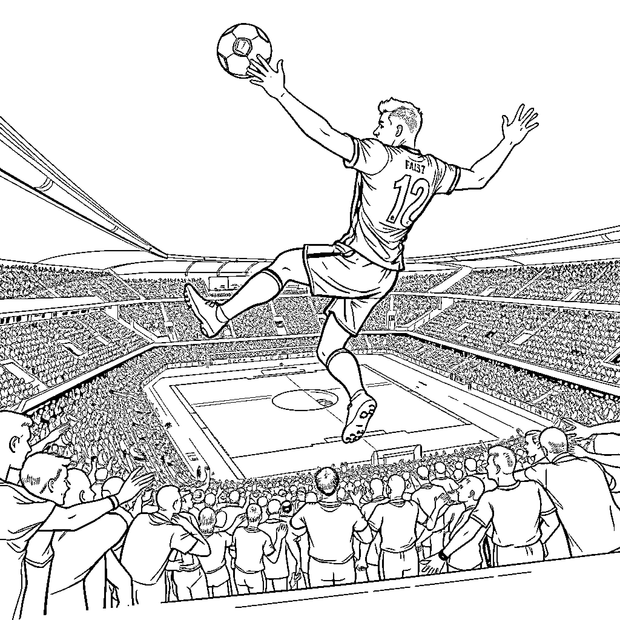 Jugador ejecuta espectacular jugada en el campo de fútbol Coloring Page (free black-and-white line drawing printable PDF for all, from beginners to advanced learners, including children, teens, adults, and seniors)