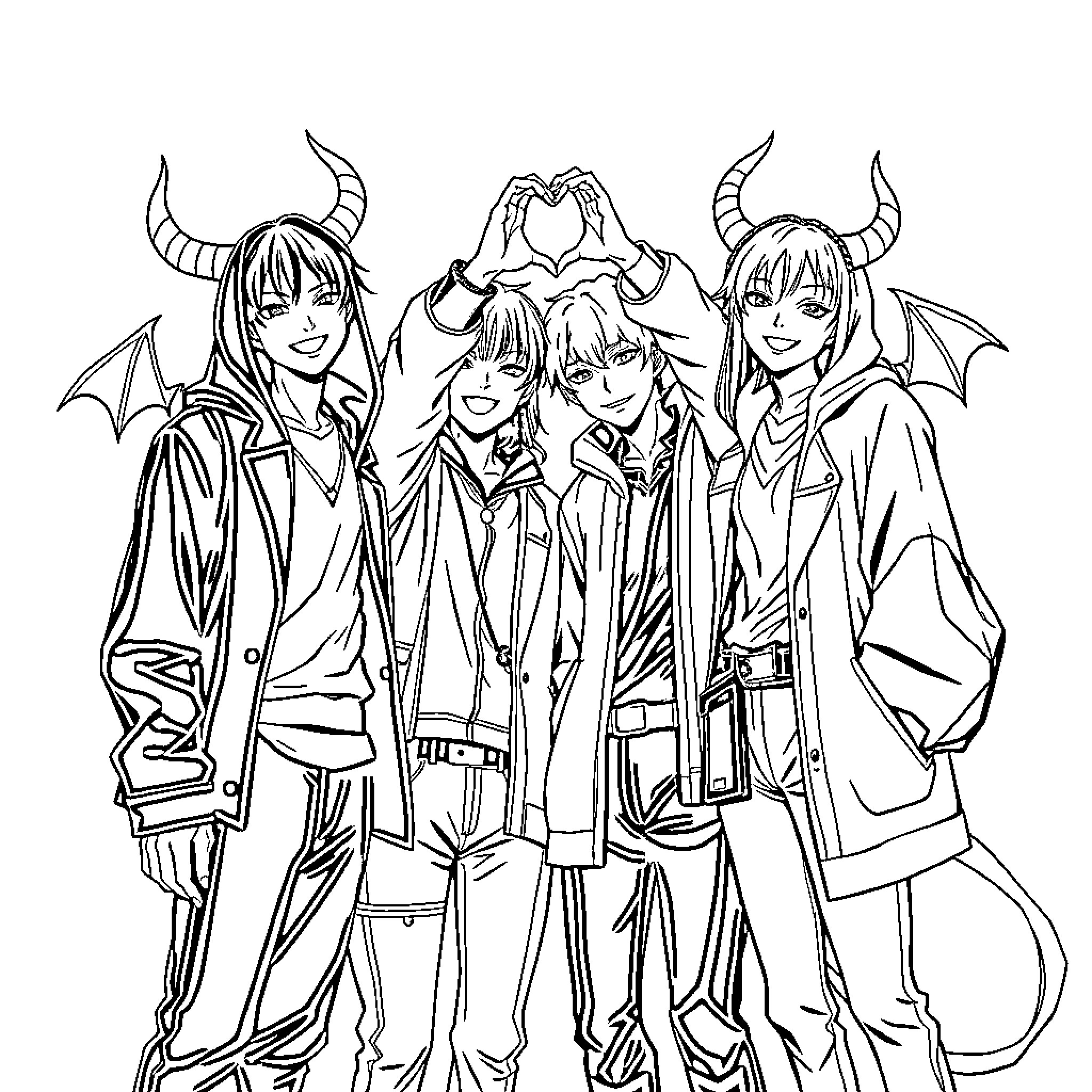 K Pop Anime Group Posing with Devilish Outfits Coloring Page (free black-and-white line drawing printable PDF for all, from beginners to advanced learners, including children, teens, adults, and seniors)