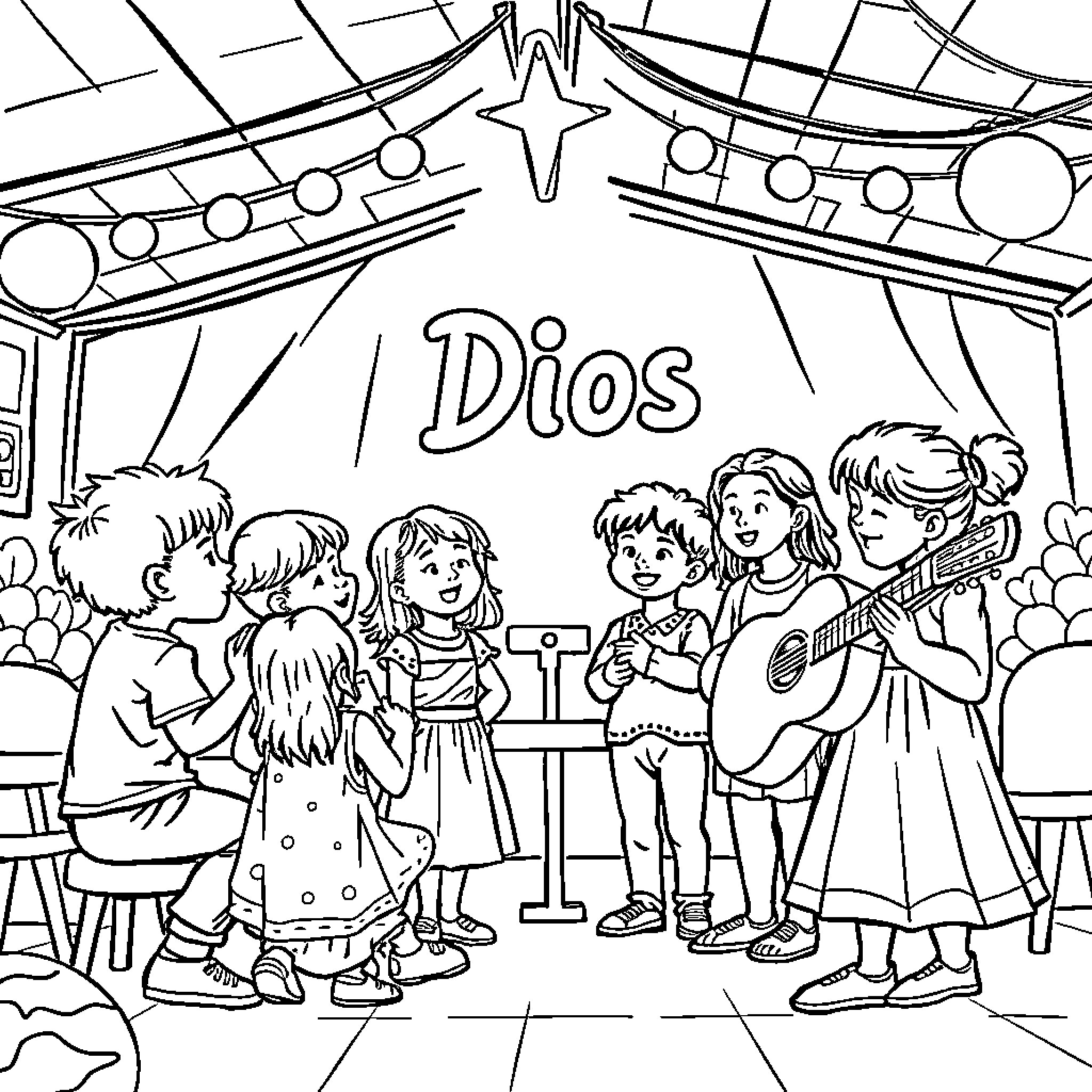 Niños gathered in a joyful celebration Coloring Page (free black-and-white line drawing printable PDF for all, from beginners to advanced learners, including children, teens, adults, and seniors)