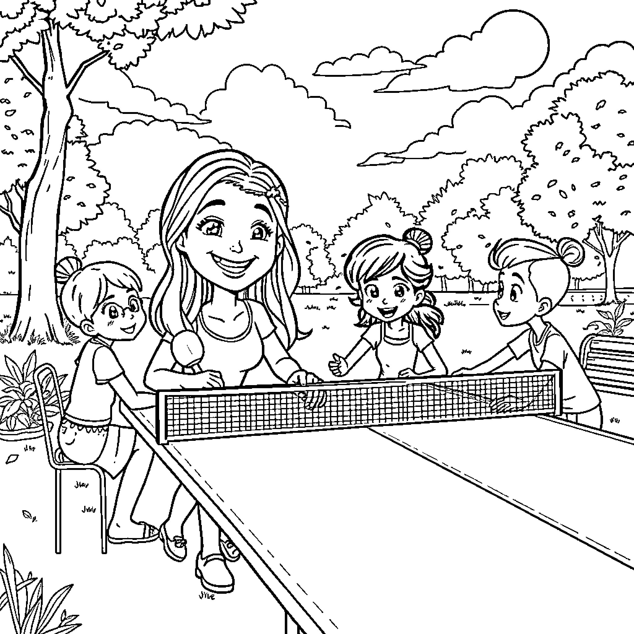 Stella and friends playing tennis outdoors Coloring Page (free black-and-white line drawing printable PDF for all, from beginners to advanced learners, including children, teens, adults, and seniors)