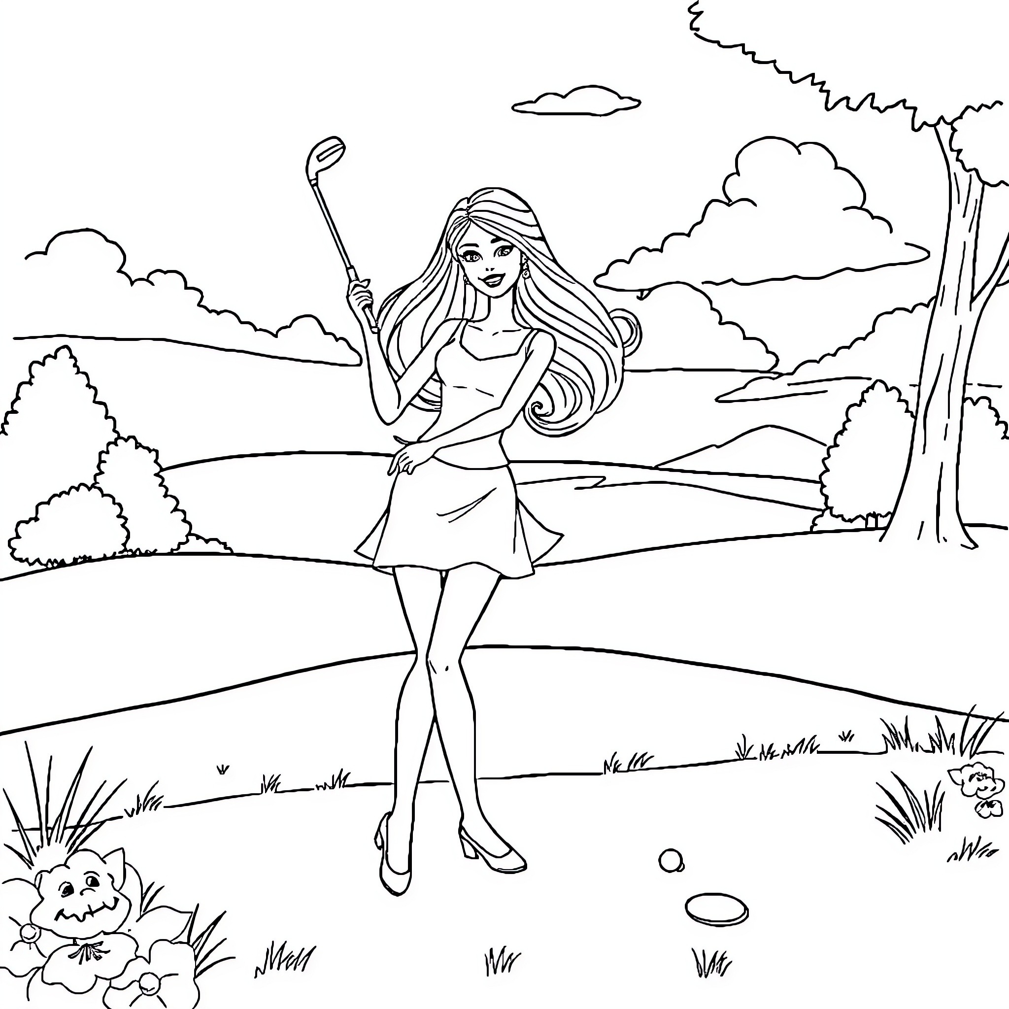 Barbie golfing in a scenic outdoor setting Coloring Page (free black-and-white line drawing printable PDF for all, from beginners to advanced learners, including children, teens, adults, and seniors)