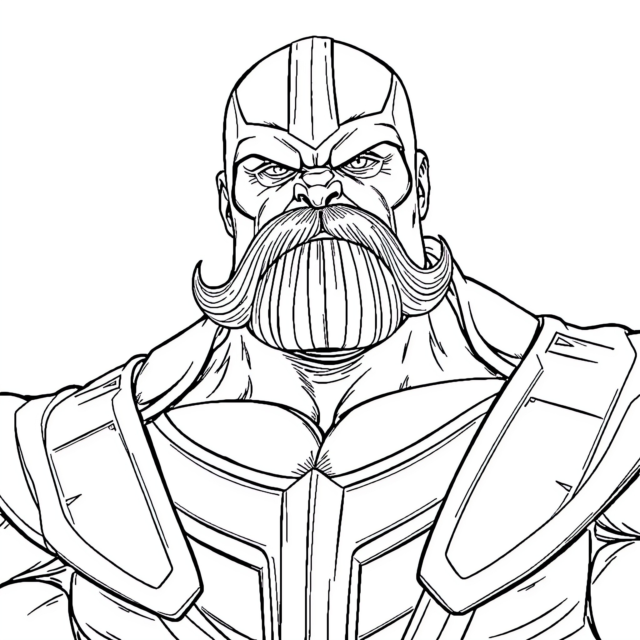 Hulk-like Armored Warrior with Stern Expression Coloring Page (free black-and-white line drawing printable PDF for all, from beginners to advanced learners, including children, teens, adults, and seniors)