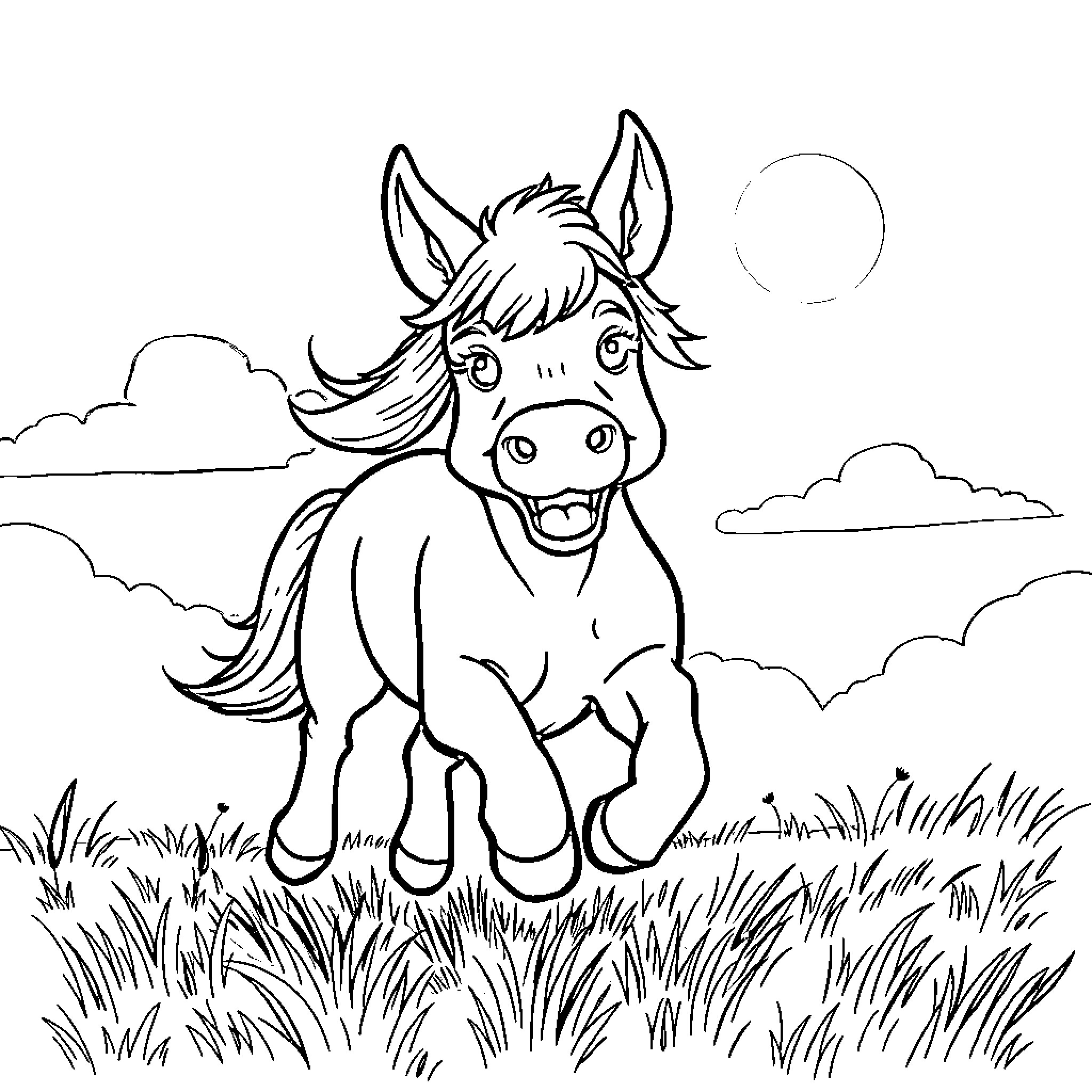Horsedog playing joyfully in the grassy field Coloring Page (free black-and-white line drawing printable PDF for all, from beginners to advanced learners, including children, teens, adults, and seniors)