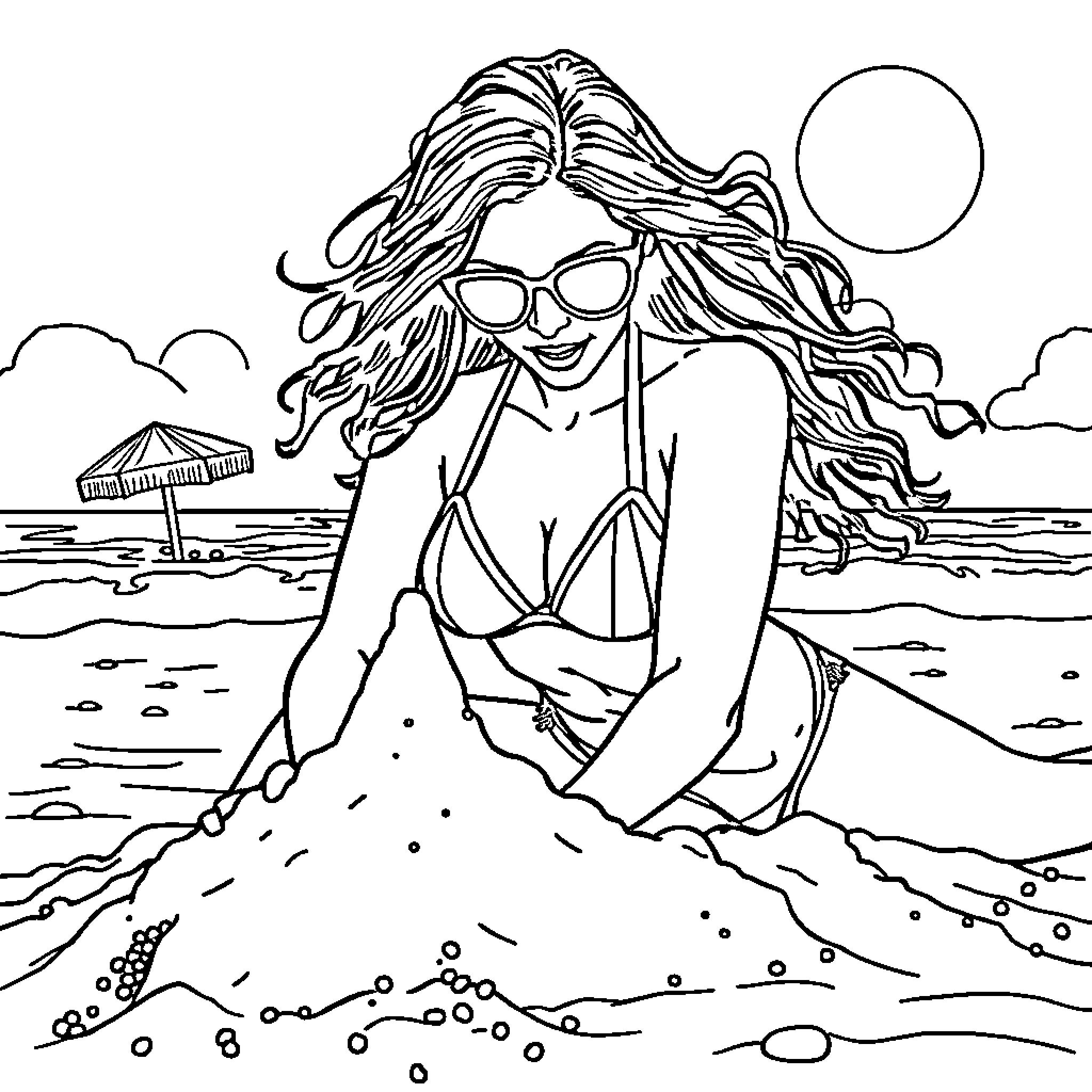 Alexandra Daddario lounging on the beach in sunglasses Coloring Page (free black-and-white line drawing printable PDF for all, from beginners to advanced learners, including children, teens, adults, and seniors)