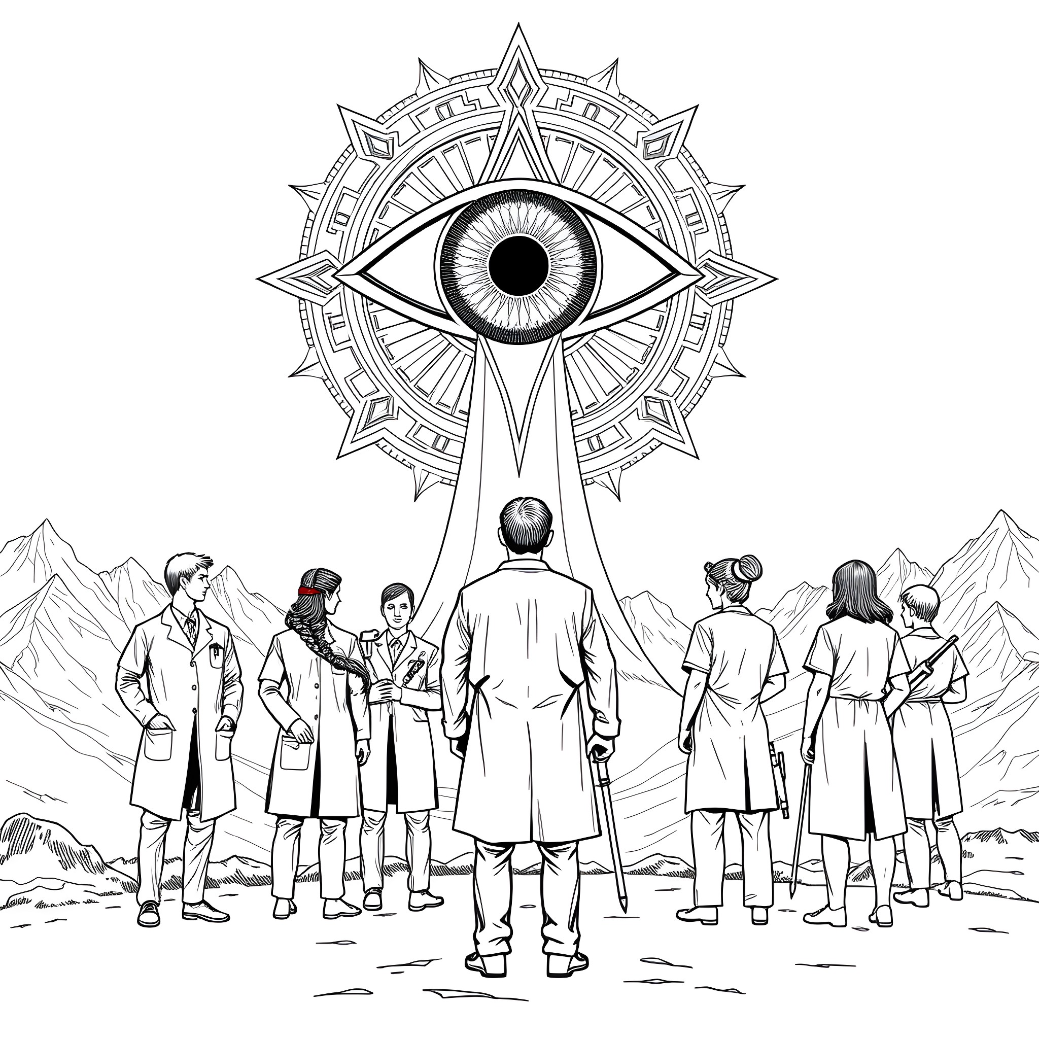 Doctor's Council Gathering Under Watchful Eye Coloring Page (free black-and-white line drawing printable PDF for all, from beginners to advanced learners, including children, teens, adults, and seniors)