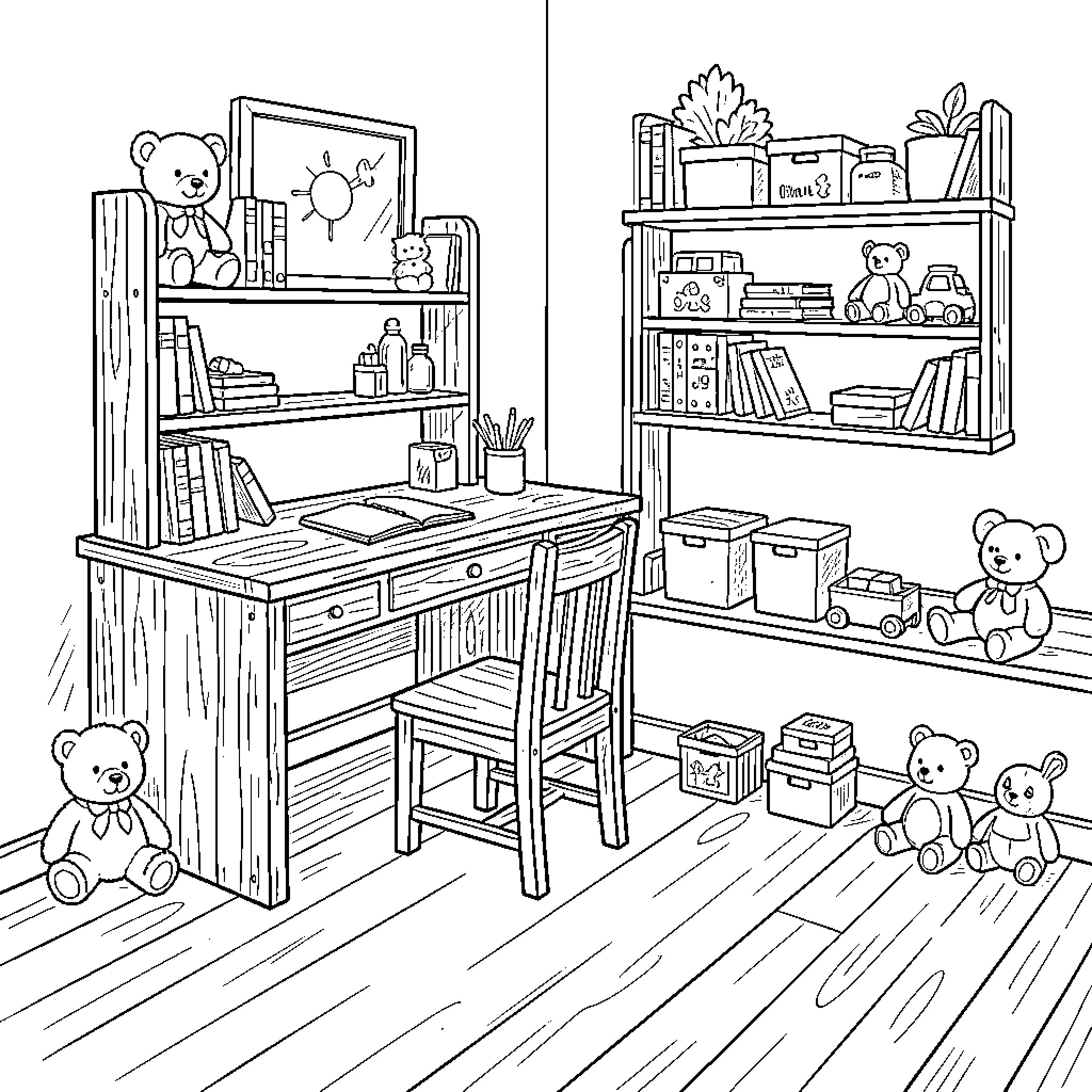 Child Room with organized desk and teddy bears Coloring Page (free black-and-white line drawing printable PDF for all, from beginners to advanced learners, including children, teens, adults, and seniors)