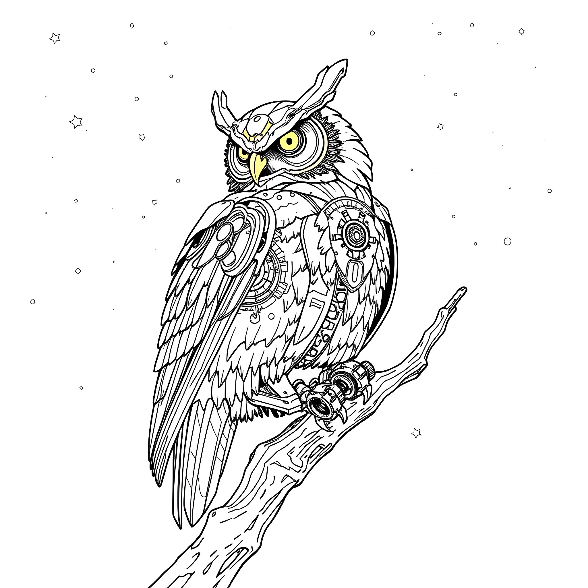 Owl with intricate wings perched on branch Coloring Page (free black-and-white line drawing printable PDF for all, from beginners to advanced learners, including children, teens, adults, and seniors)